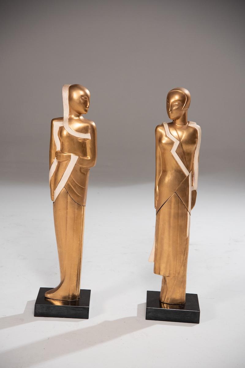 Metà XX secolo Art Deco degli anni '40, coppia di sculture dorate molto rare