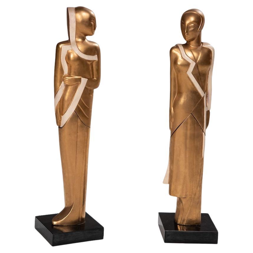 1940s Art Deco, Pareja de Esculturas Doradas Muy Raras