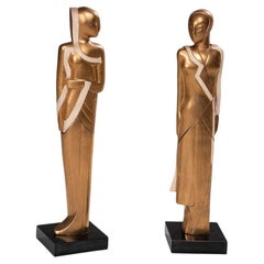 1940s Art Deco, Pareja de Esculturas Doradas Muy Raras