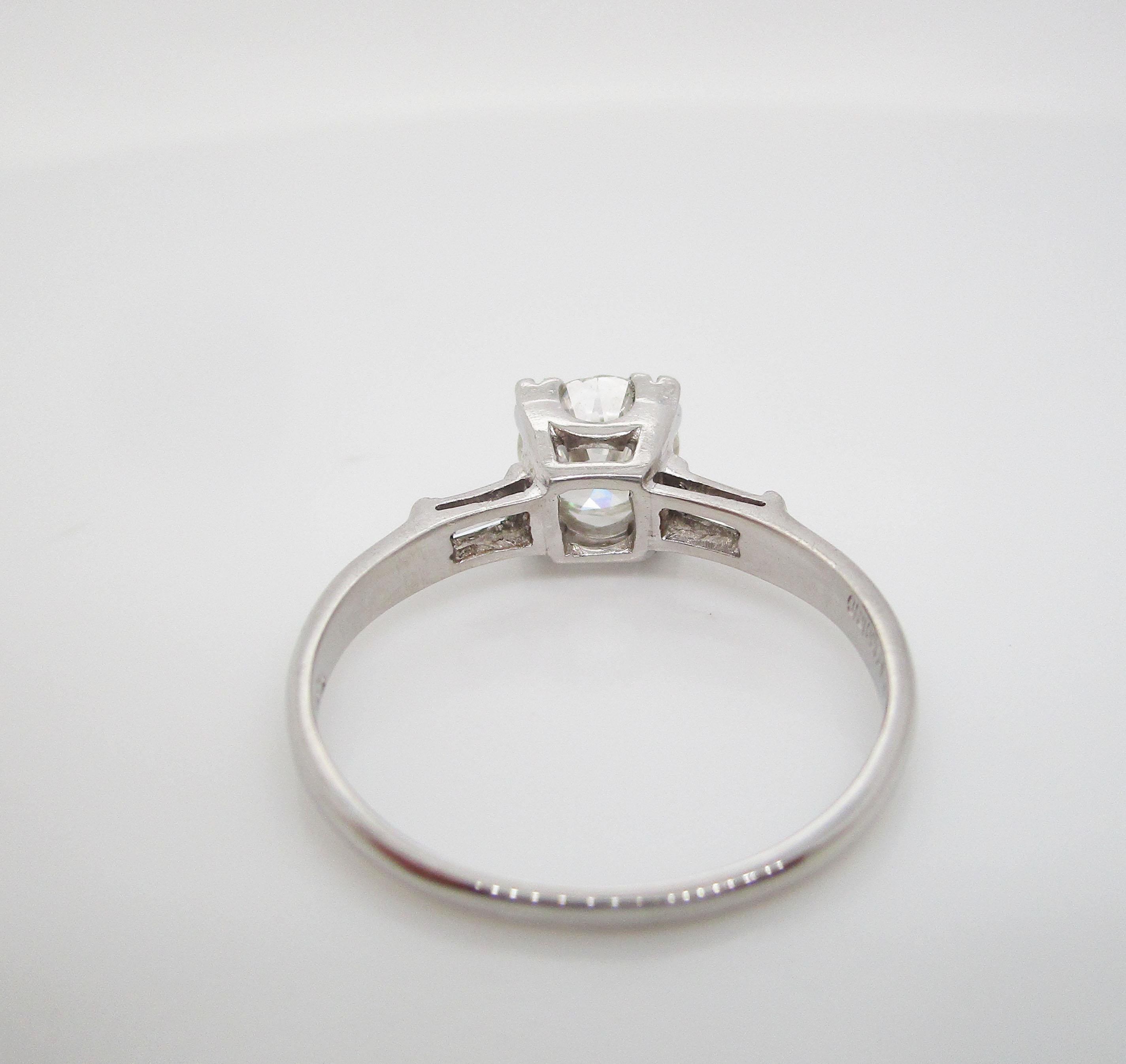 1940s Art Deco Platinum 1+ Carat Euro Cut Diamond Engagement Ring For Sale 5