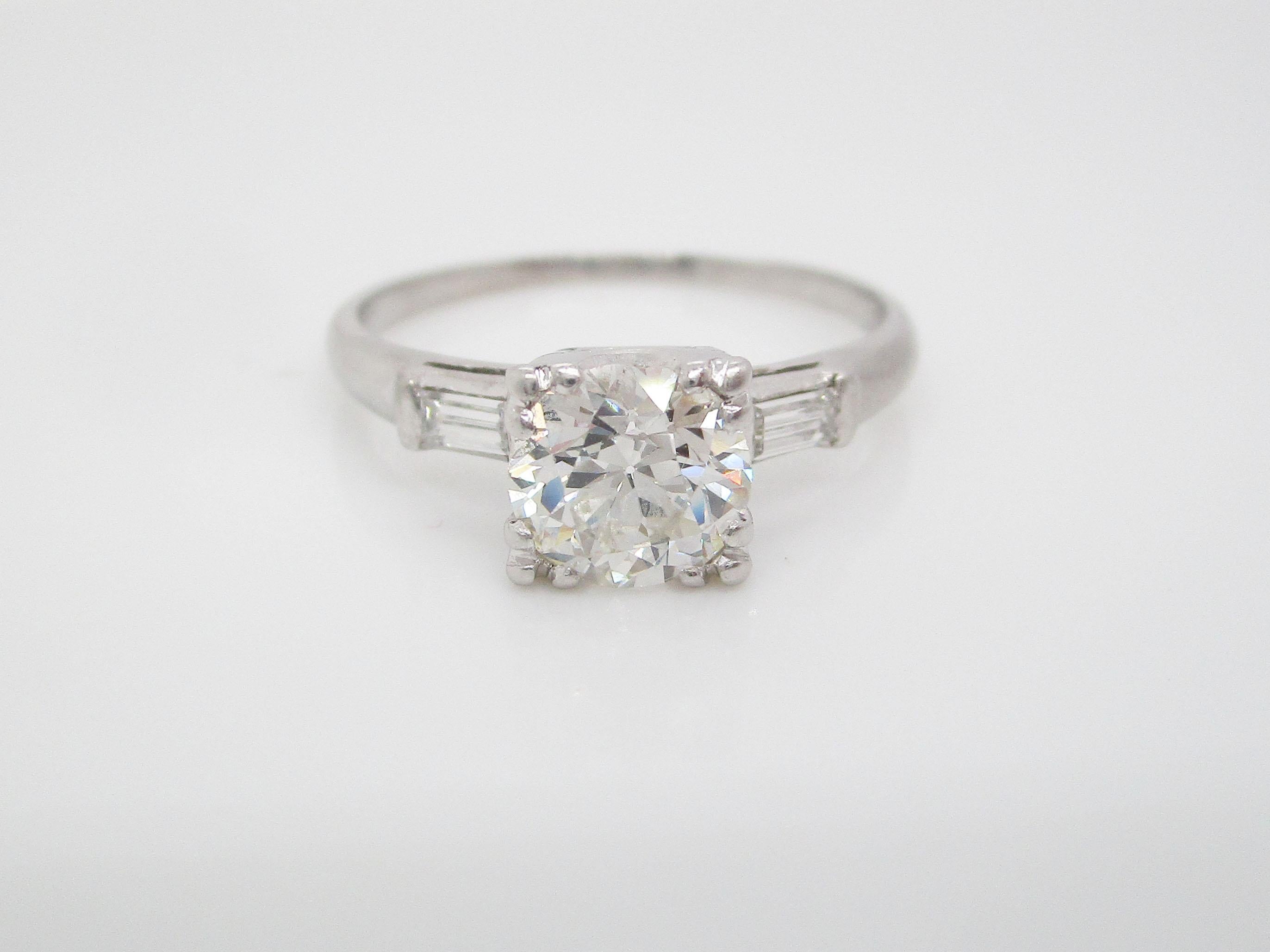 Old European Cut 1940s Art Deco Platinum 1+ Carat Euro Cut Diamond Engagement Ring For Sale