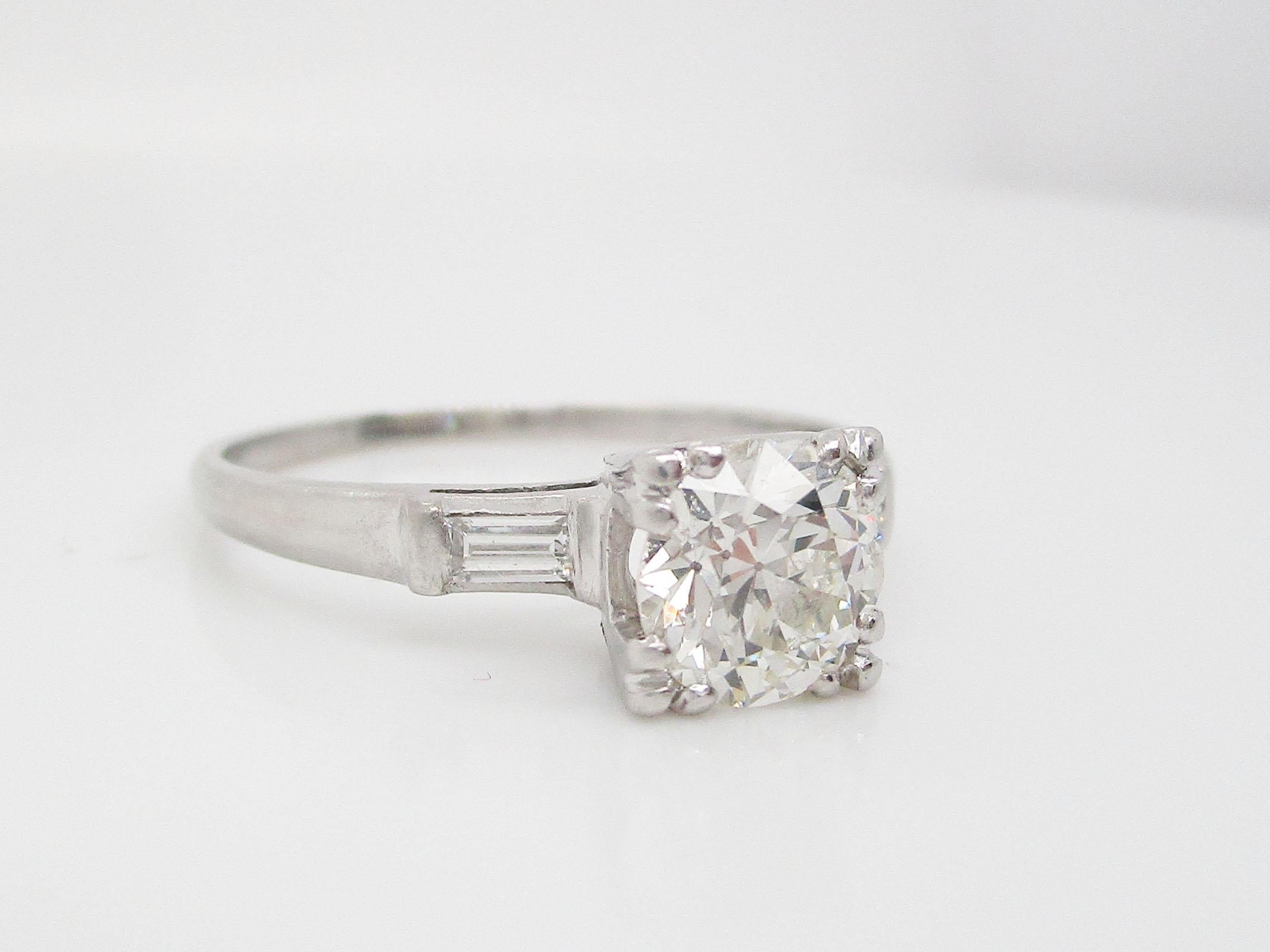 Women's 1940s Art Deco Platinum 1+ Carat Euro Cut Diamond Engagement Ring For Sale