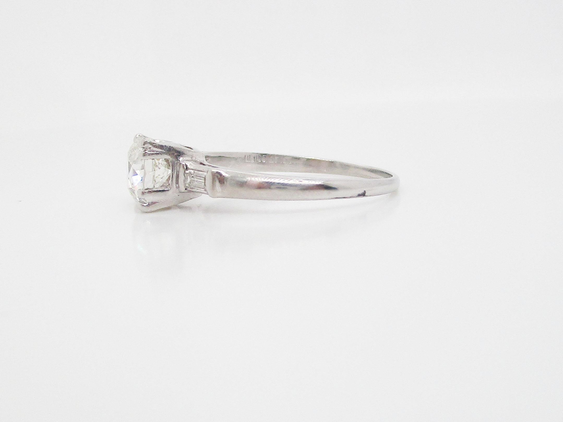 1940s Art Deco Platinum 1+ Carat Euro Cut Diamond Engagement Ring For Sale 1