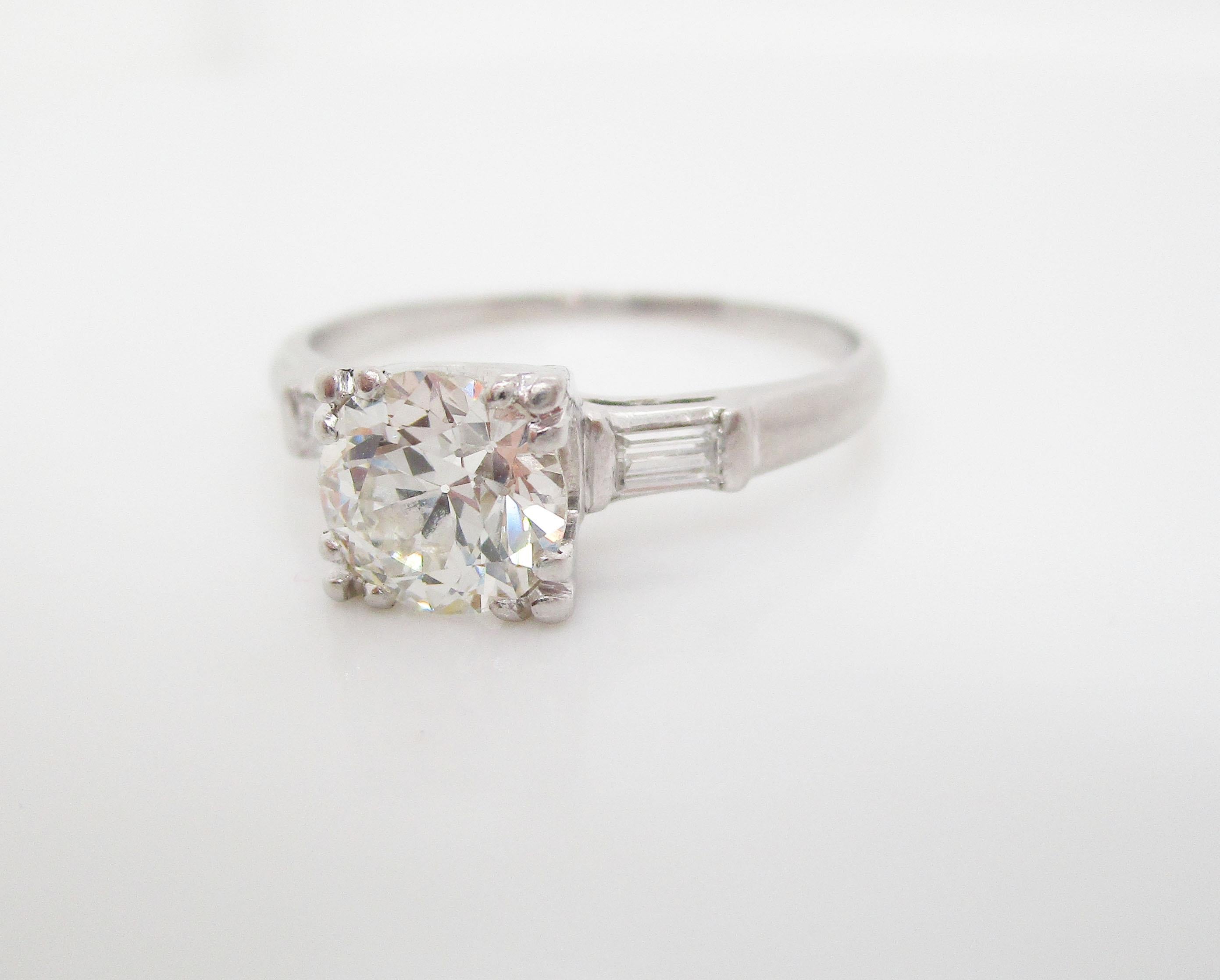 1940s Art Deco Platinum 1+ Carat Euro Cut Diamond Engagement Ring For Sale 2
