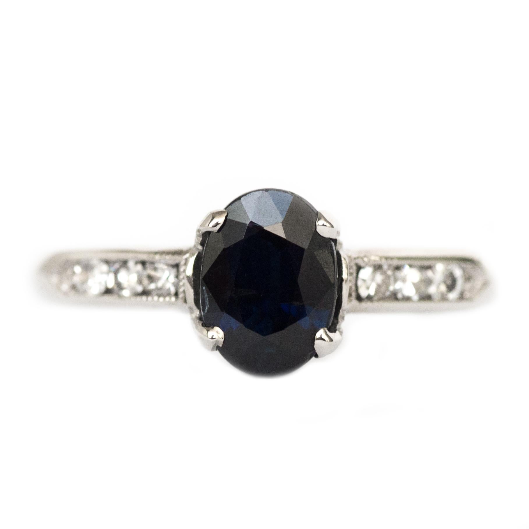 1940s Art Deco Platinum .90 Carat Oval Brilliant Cut Sapphire Engagement Ring For Sale