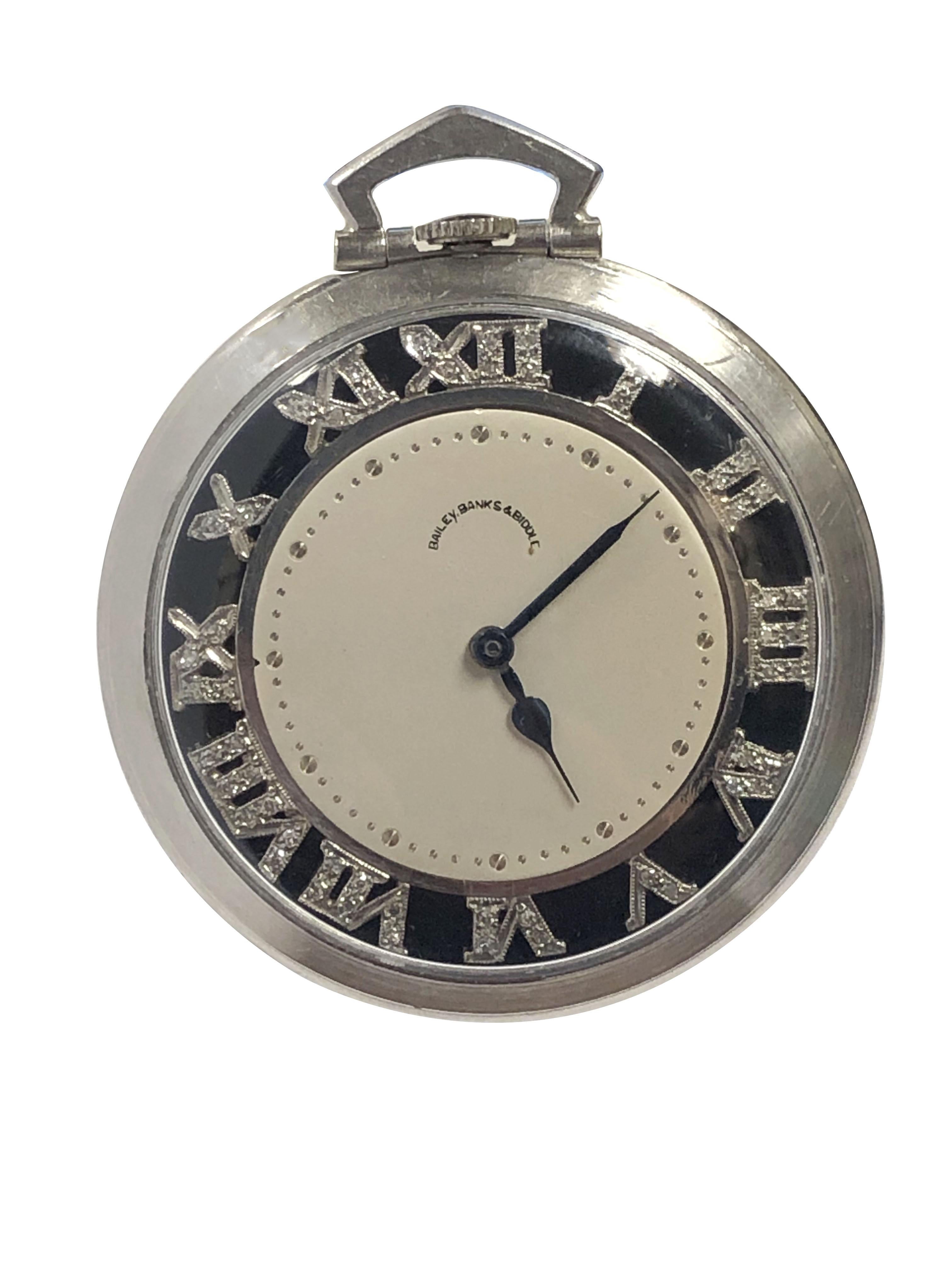 Round Cut 1940s Art Deco Platinum and Diamond Pocket Watch for Bailey Banks & Biddle
