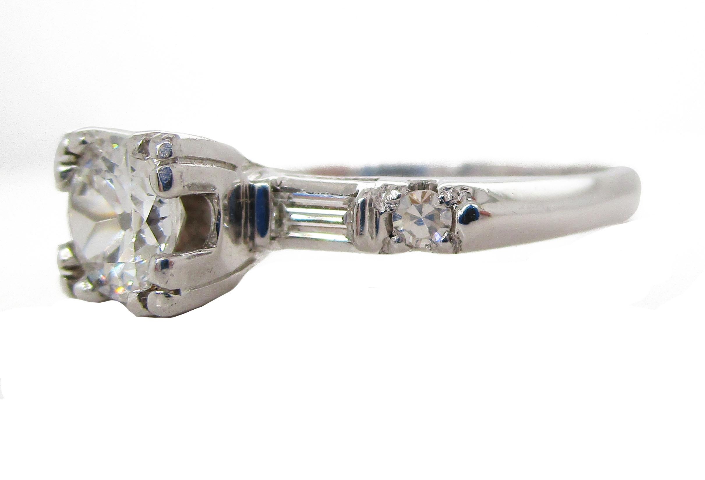 Women's or Men's 1940s Art Deco Platinum Euro Cut Diamond Engagement Ring