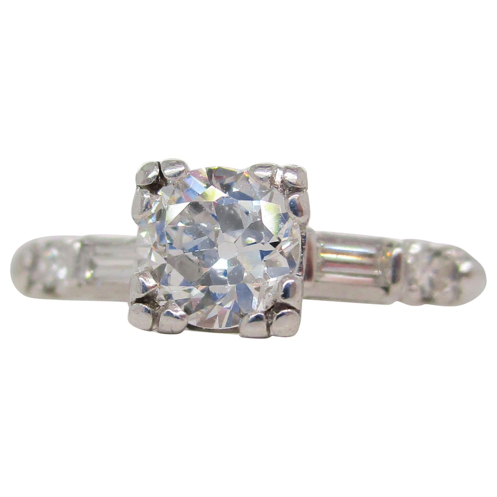 1940s Art Deco Platinum Euro Cut Diamond Engagement Ring