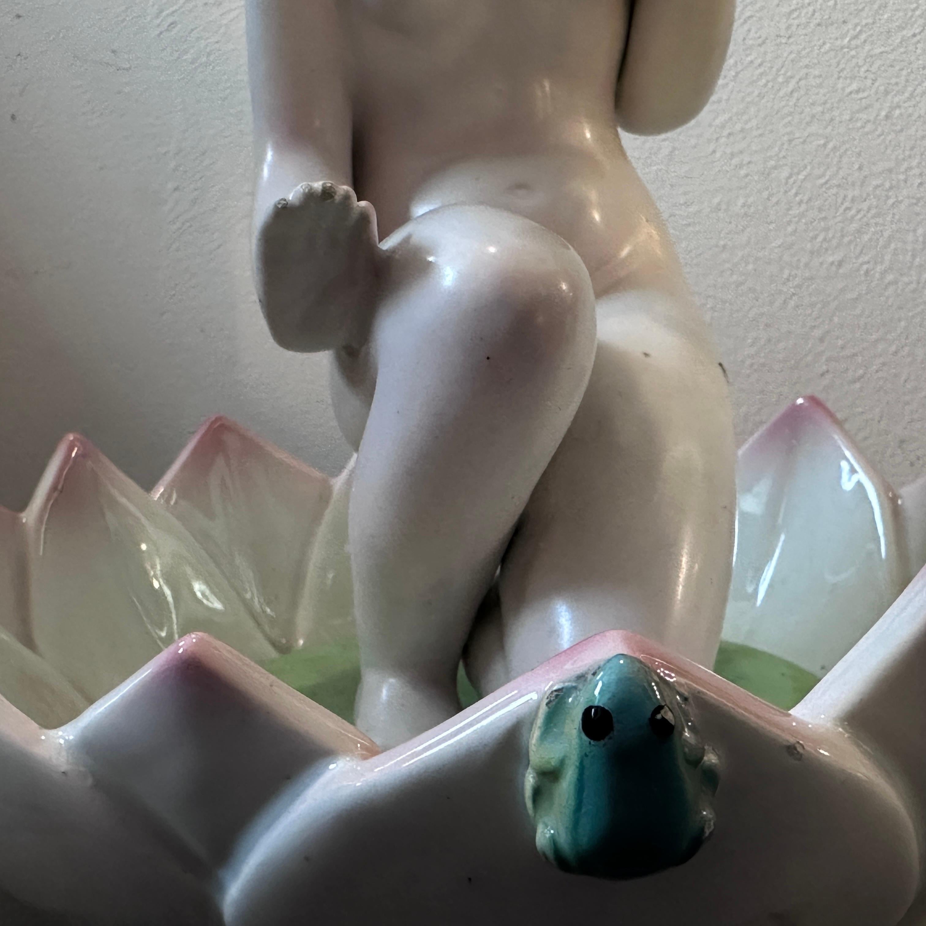Hand-Painted 1940s Art Deco Porcelain Figure of a Woman on a Flower by Giovanni Ronzan For Sale
