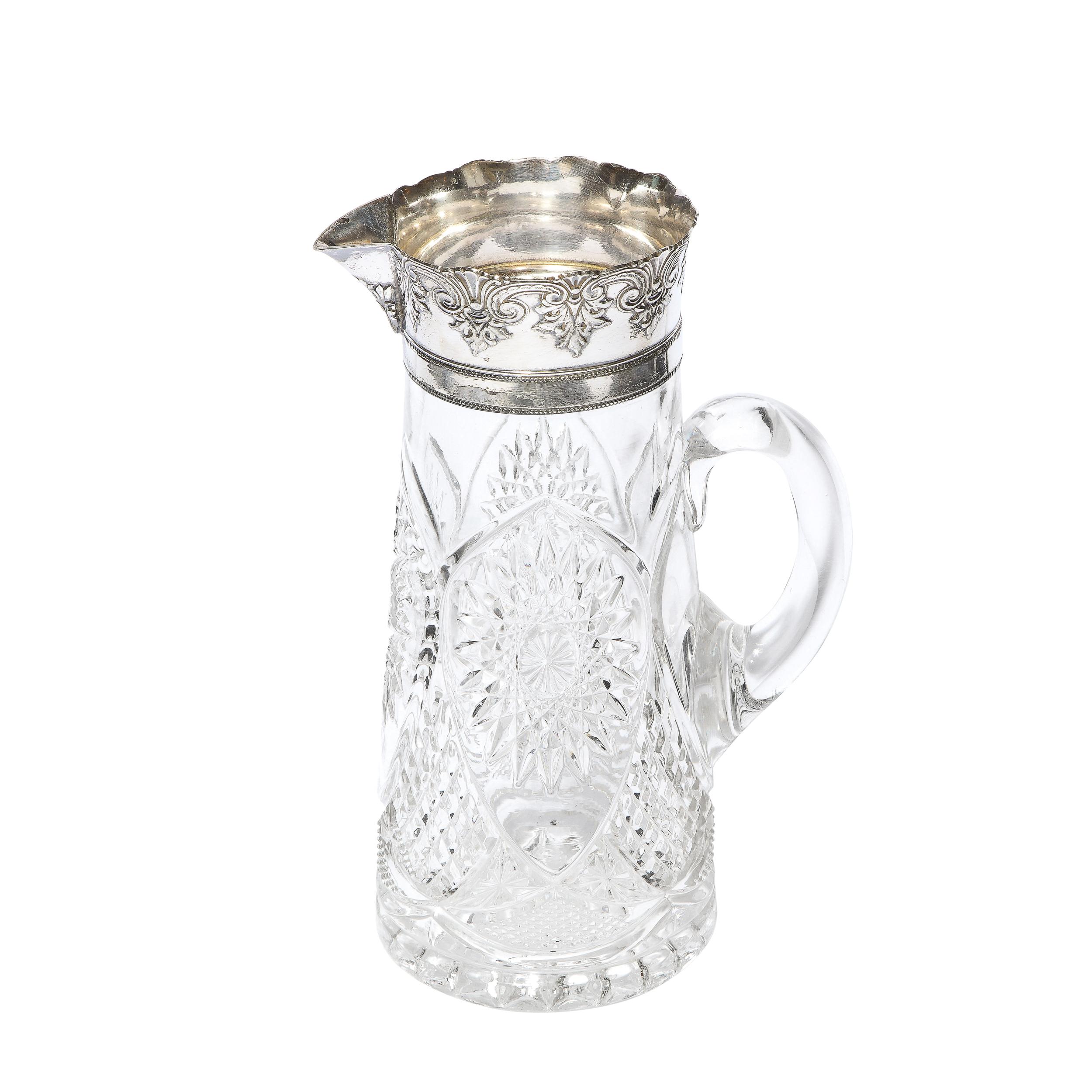 1940s Art Deco Pressed Glass Pitcher with Geometric Details & Silver Plated Top 5