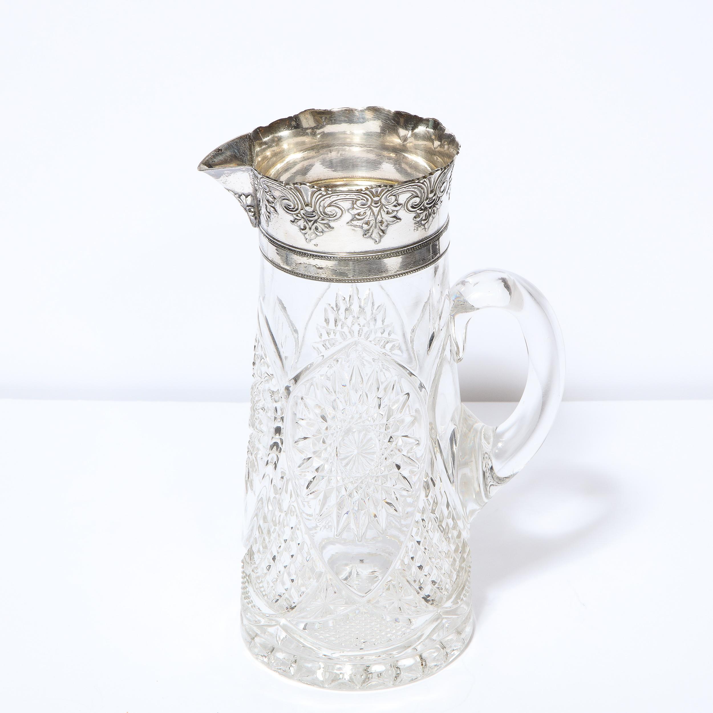 1940s Art Deco Pressed Glass Pitcher with Geometric Details & Silver Plated Top 6