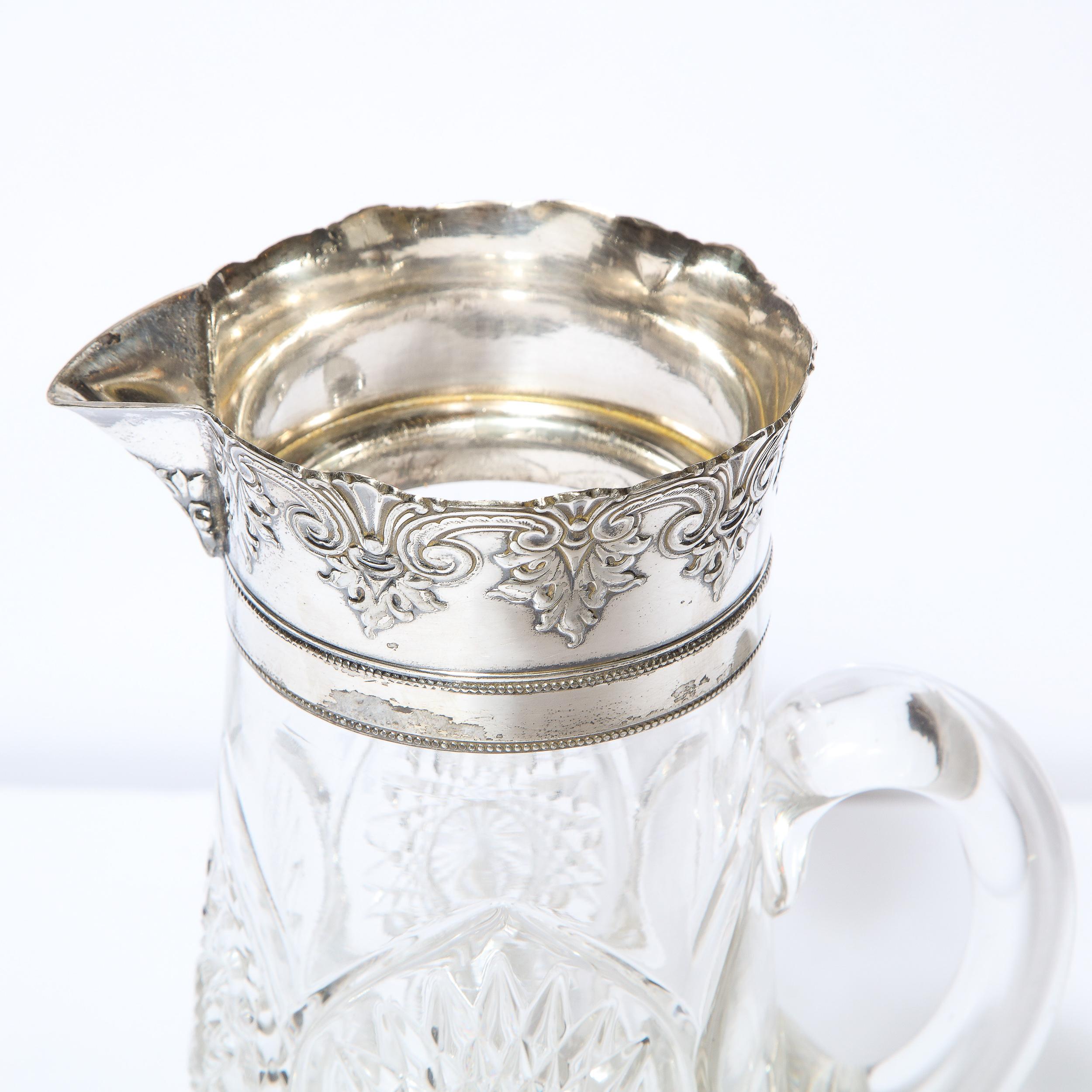 1940s Art Deco Pressed Glass Pitcher with Geometric Details & Silver Plated Top 7
