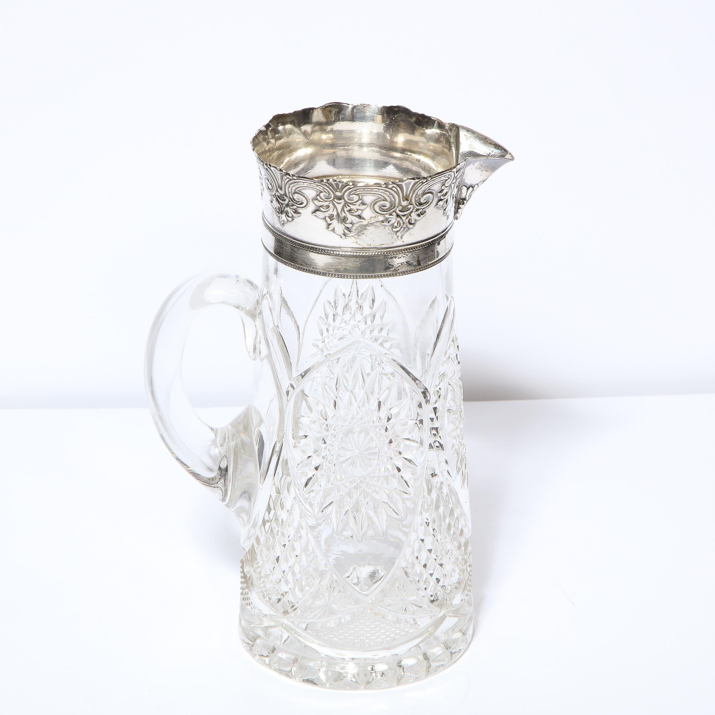 1940s Art Deco Pressed Glass Pitcher with Geometric Details & Silver Plated Top 9
