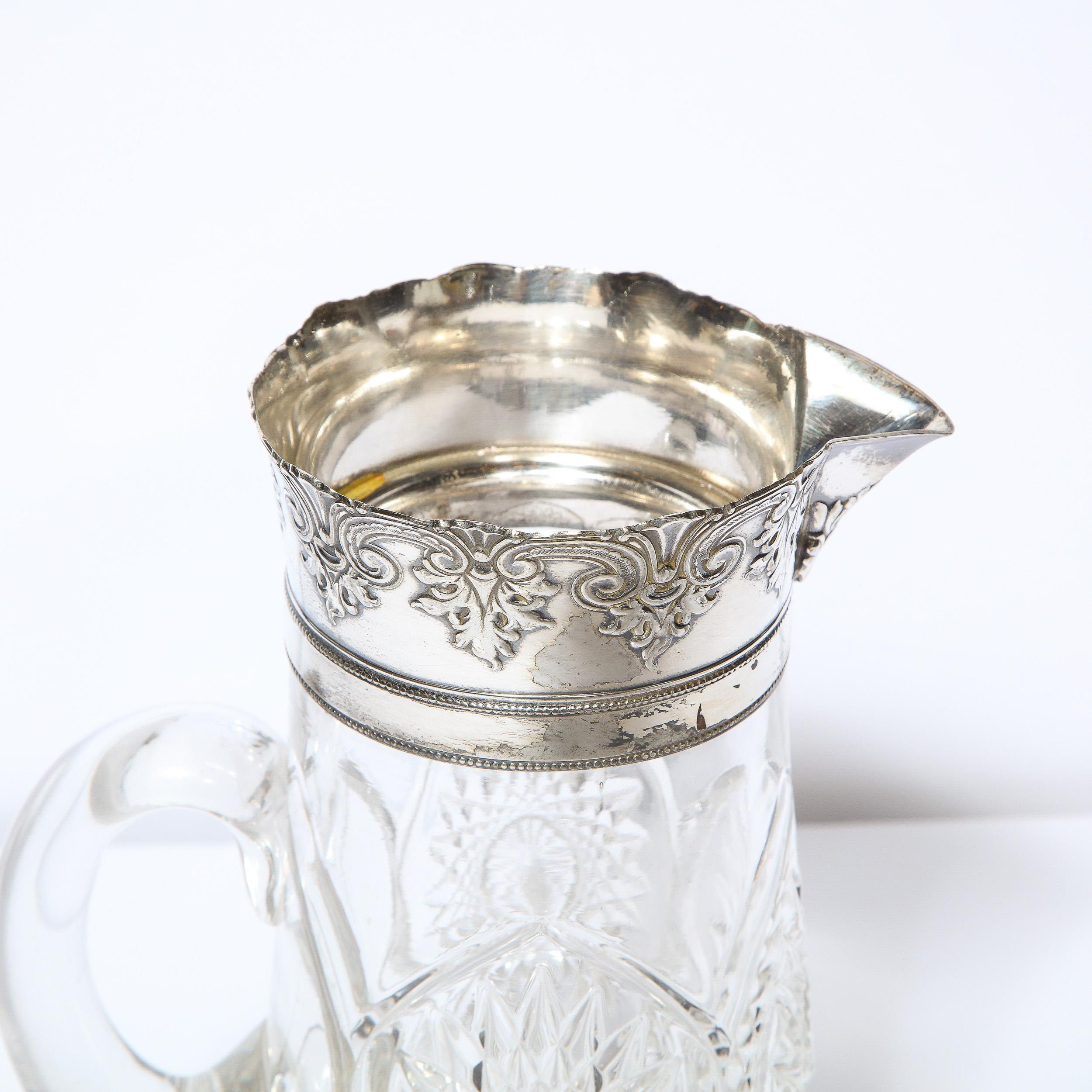 1940s Art Deco Pressed Glass Pitcher with Geometric Details & Silver Plated Top 10
