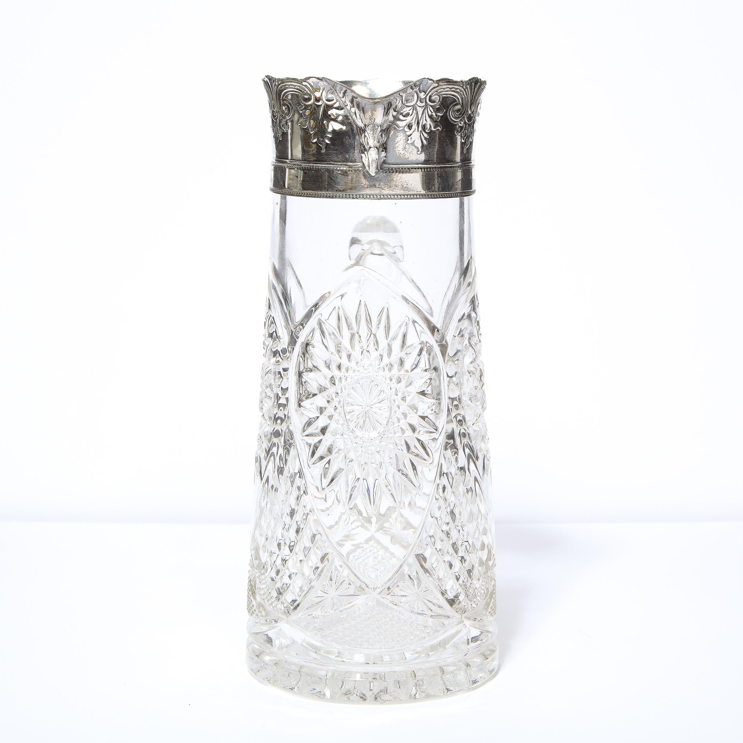 American 1940s Art Deco Pressed Glass Pitcher with Geometric Details & Silver Plated Top