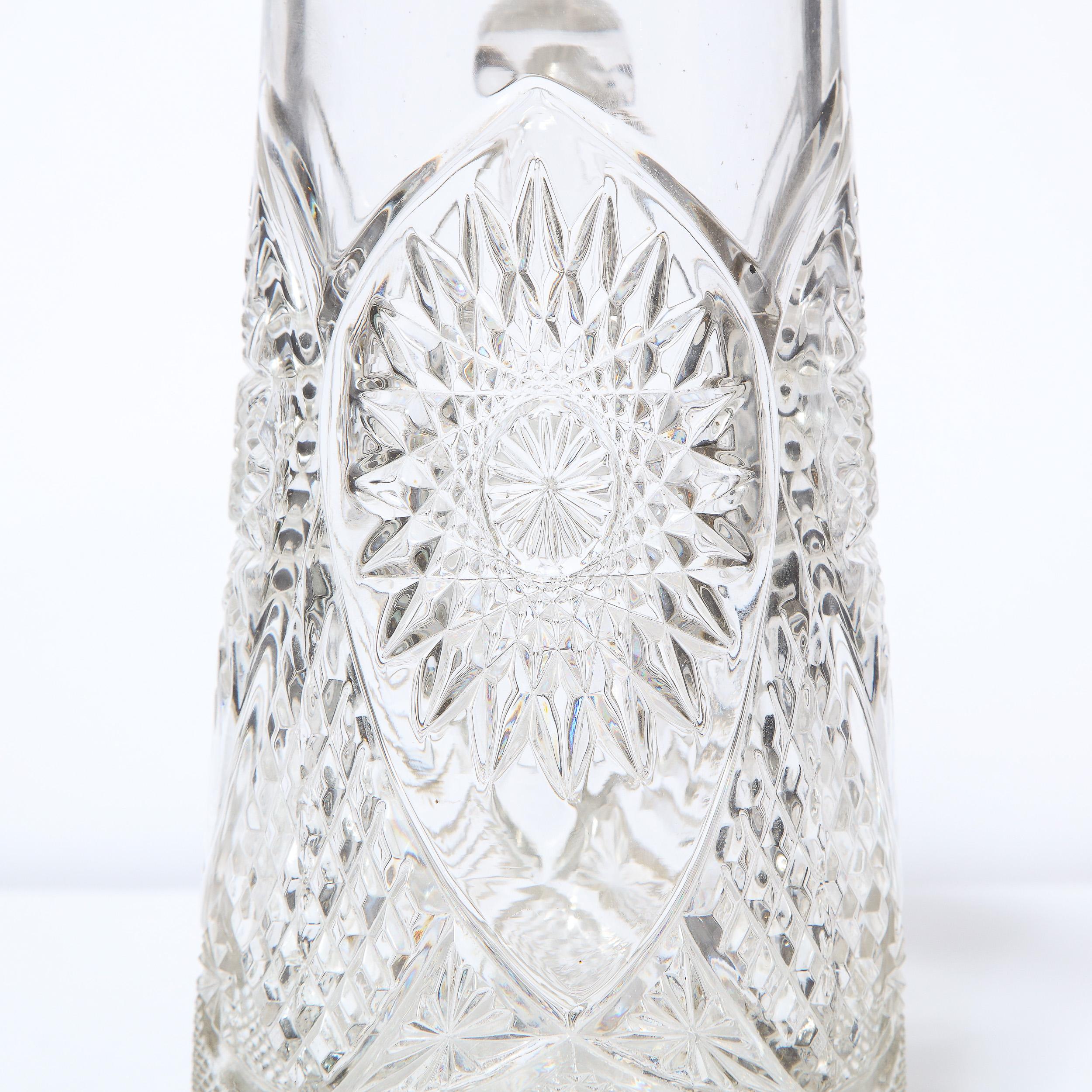 1940s Art Deco Pressed Glass Pitcher with Geometric Details & Silver Plated Top In Good Condition In New York, NY