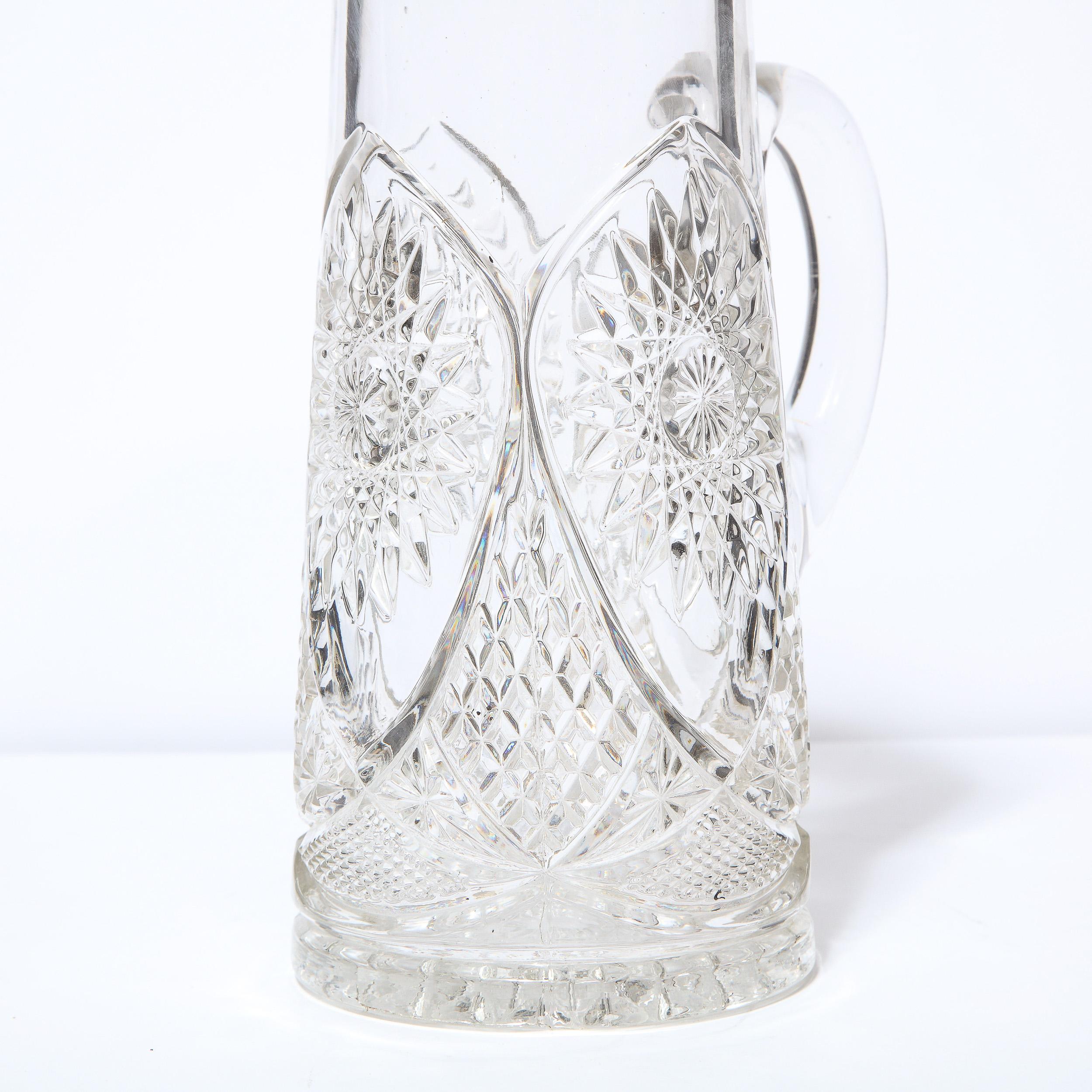 Mid-20th Century 1940s Art Deco Pressed Glass Pitcher with Geometric Details & Silver Plated Top