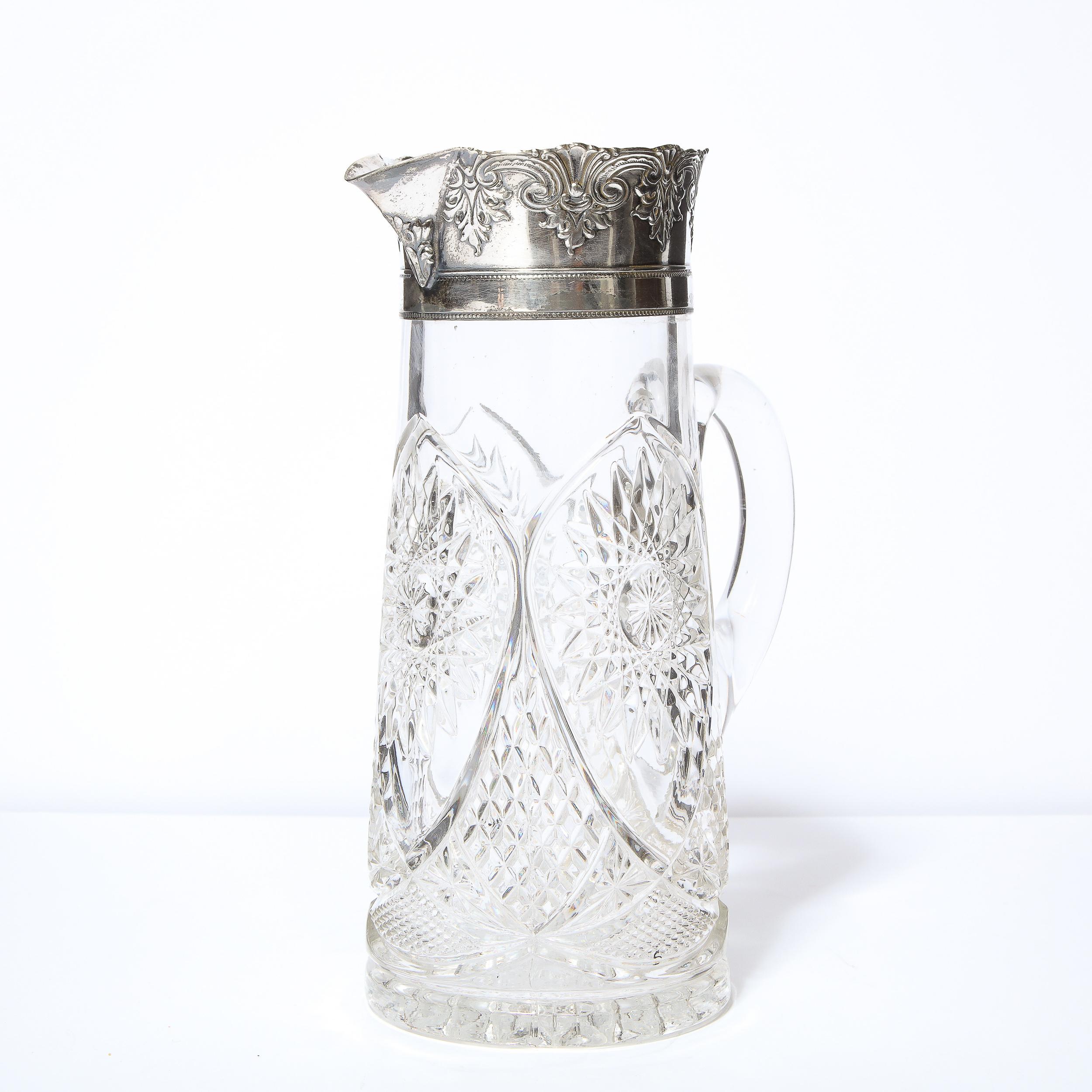 1940s Art Deco Pressed Glass Pitcher with Geometric Details & Silver Plated Top 1