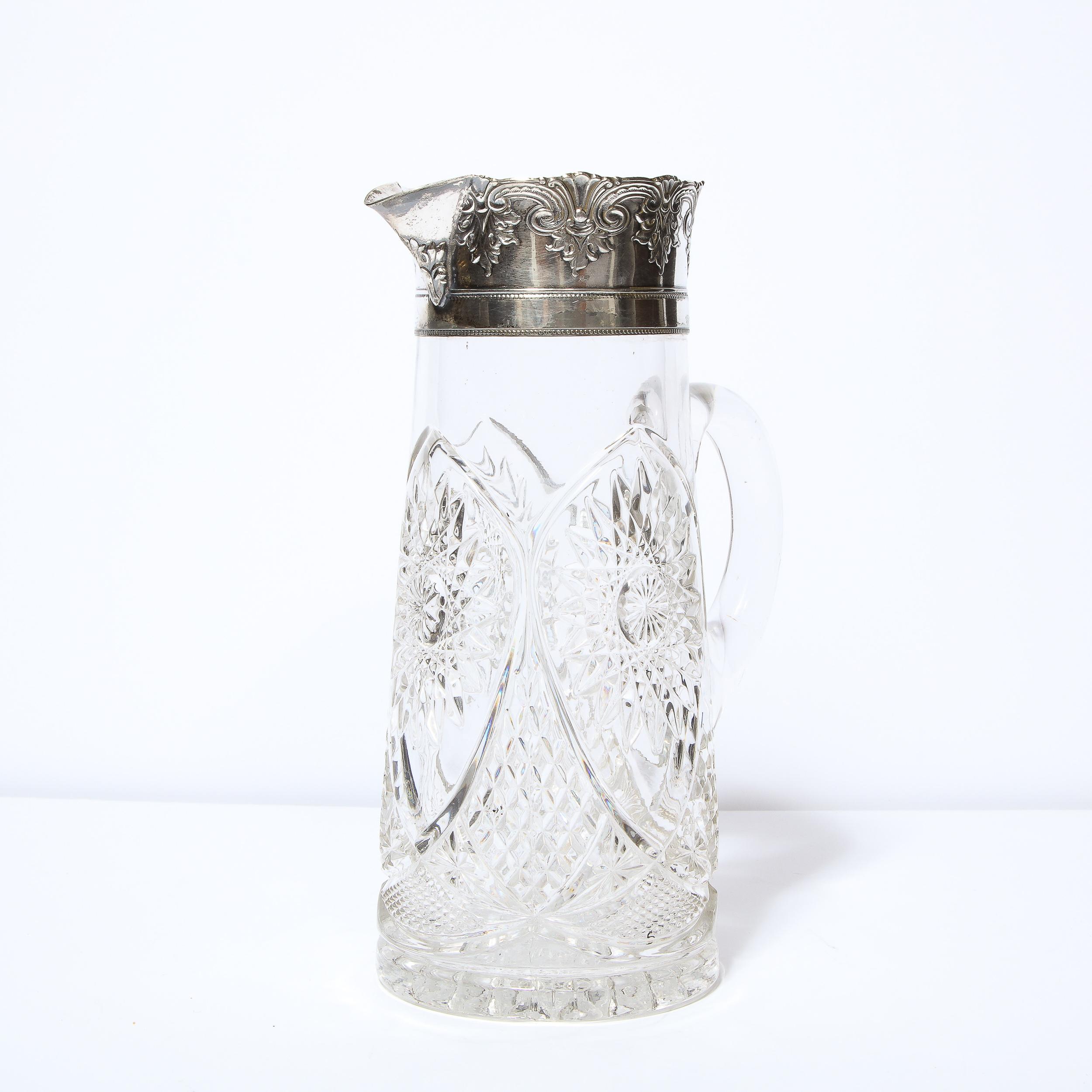 1940s Art Deco Pressed Glass Pitcher with Geometric Details & Silver Plated Top 2
