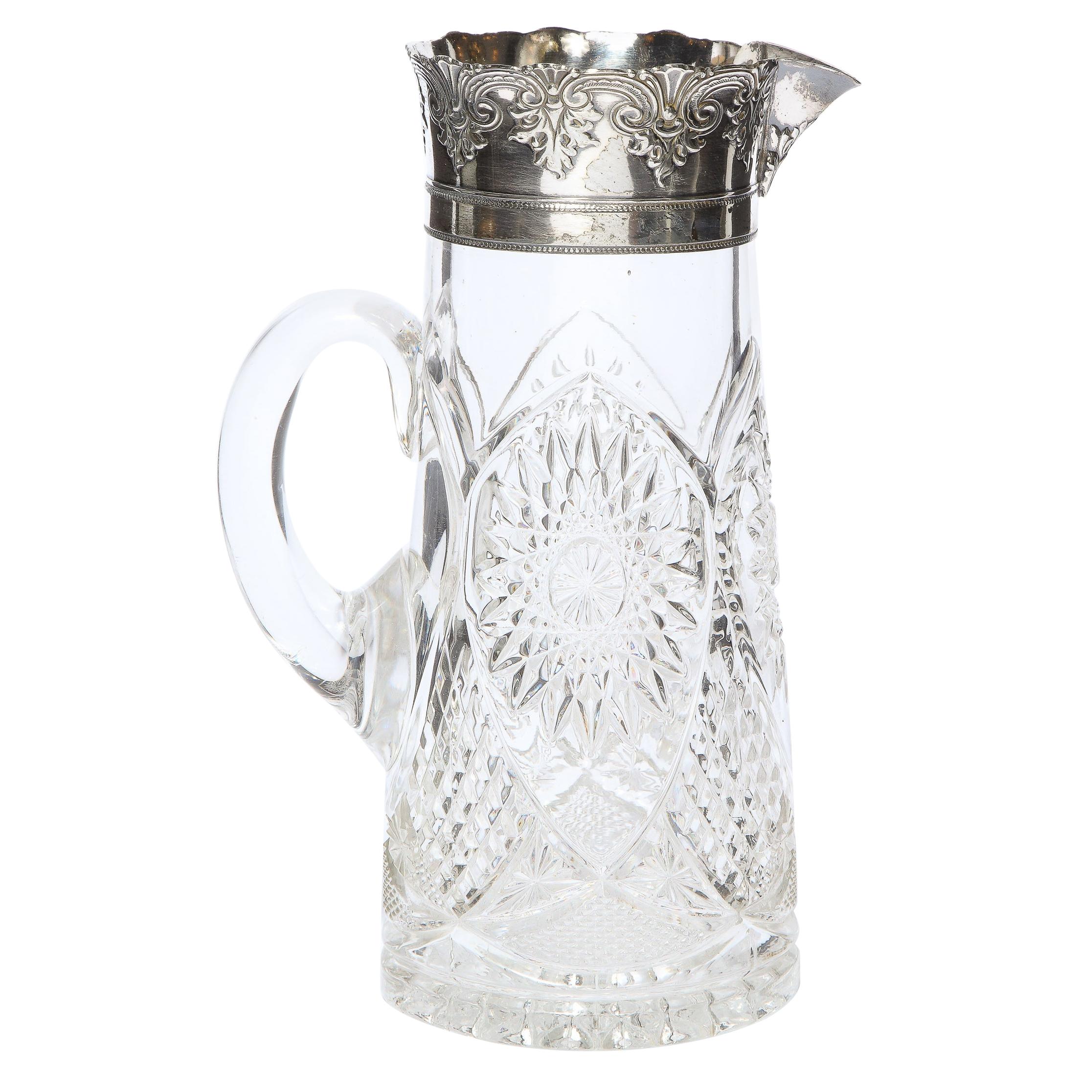 1940s Art Deco Pressed Glass Pitcher with Geometric Details & Silver Plated Top