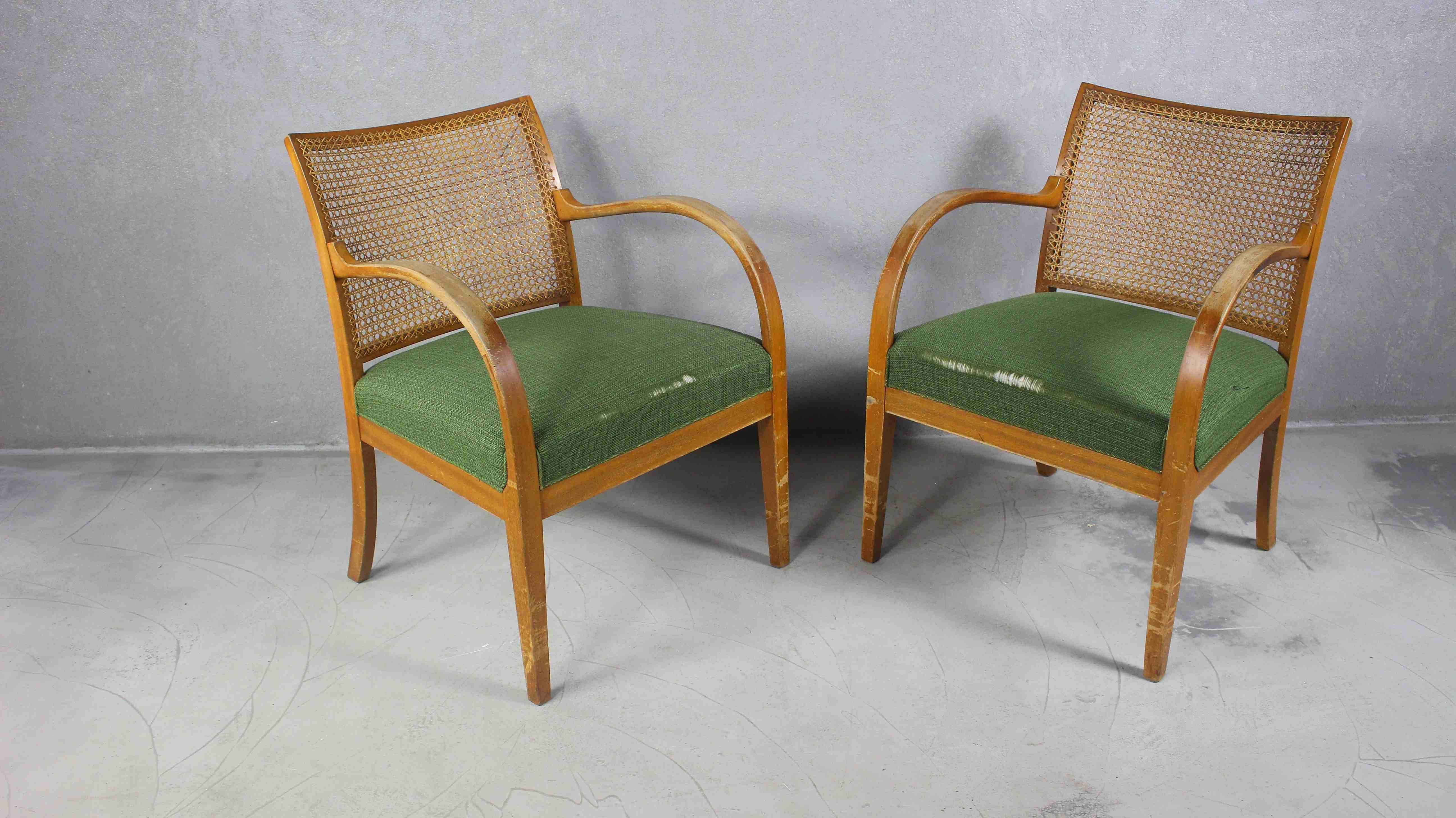 Danish 1940s Art Deco Rattan Armchairs, Set of 2