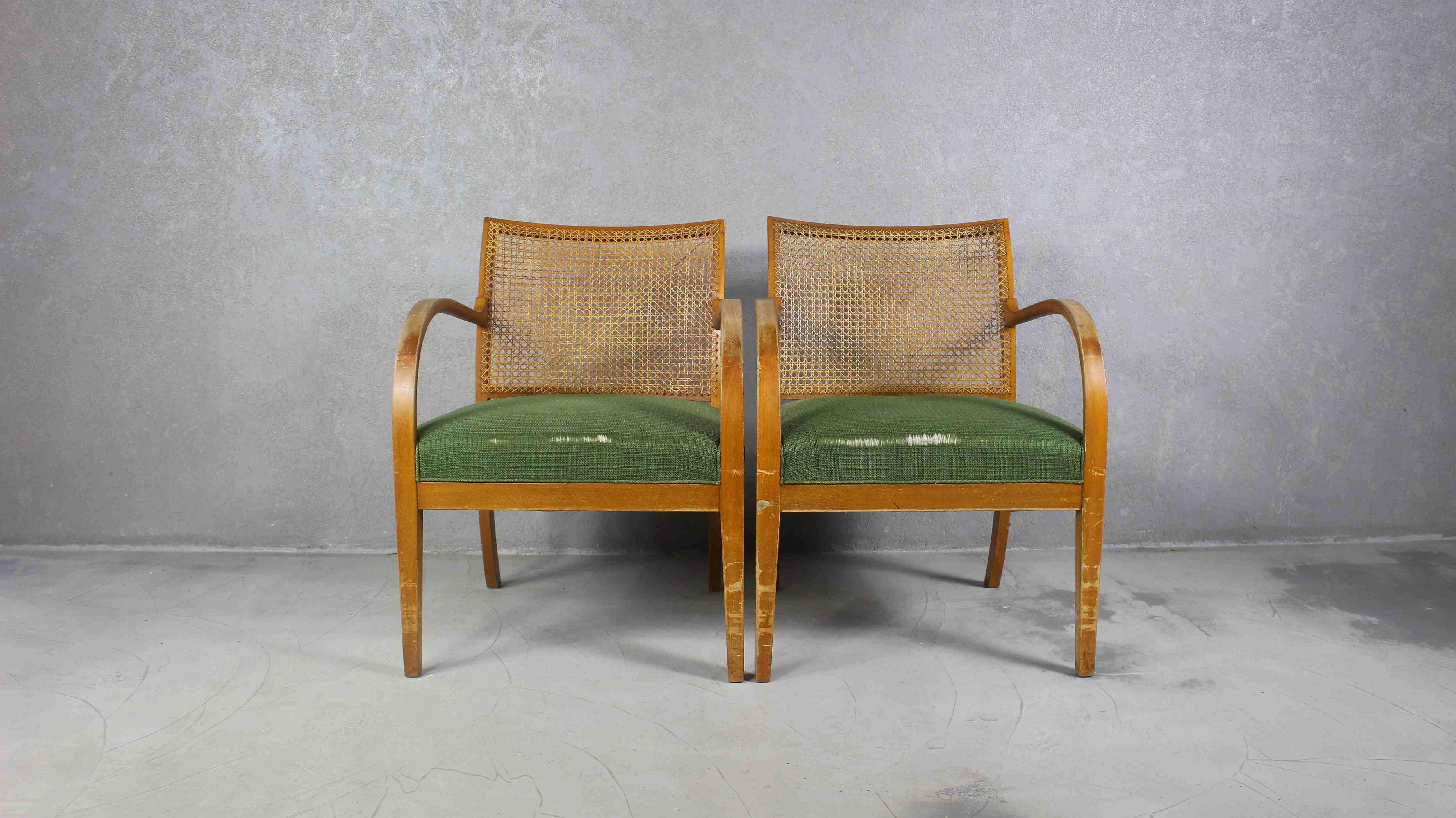 1940s Art Deco Rattan Armchairs, Set of 2 In Fair Condition In ŚWINOUJŚCIE, 32