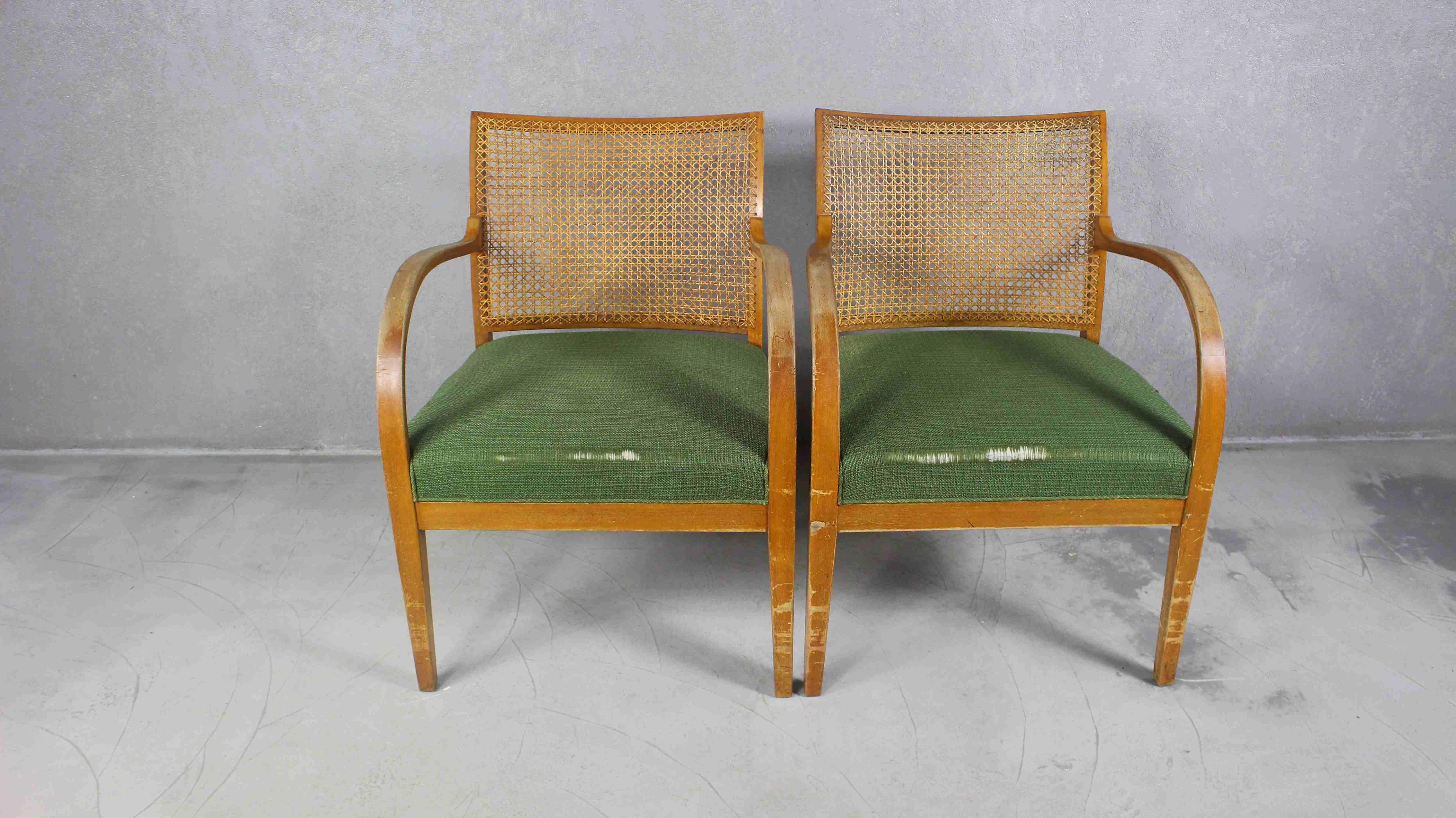 20th Century 1940s Art Deco Rattan Armchairs, Set of 2