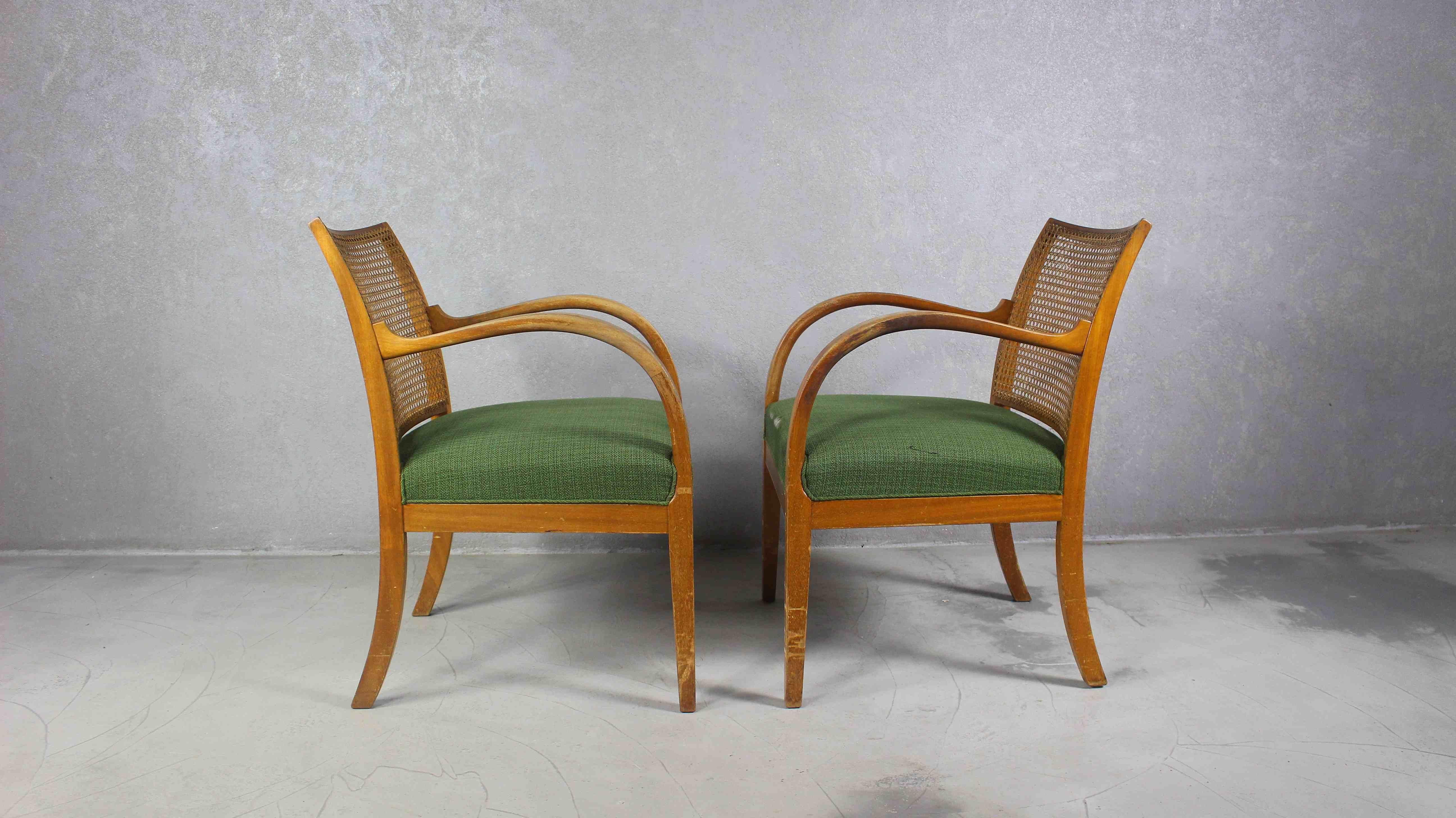 Wood 1940s Art Deco Rattan Armchairs, Set of 2