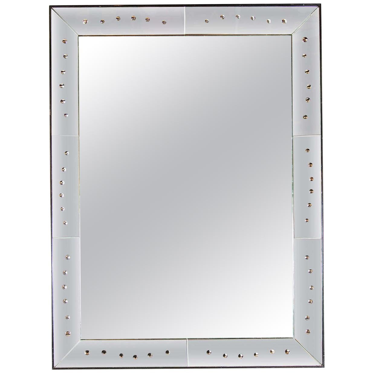 1940s Art Deco Rectangular Mirror with Reverse Etched & Beveled Circle Detailing