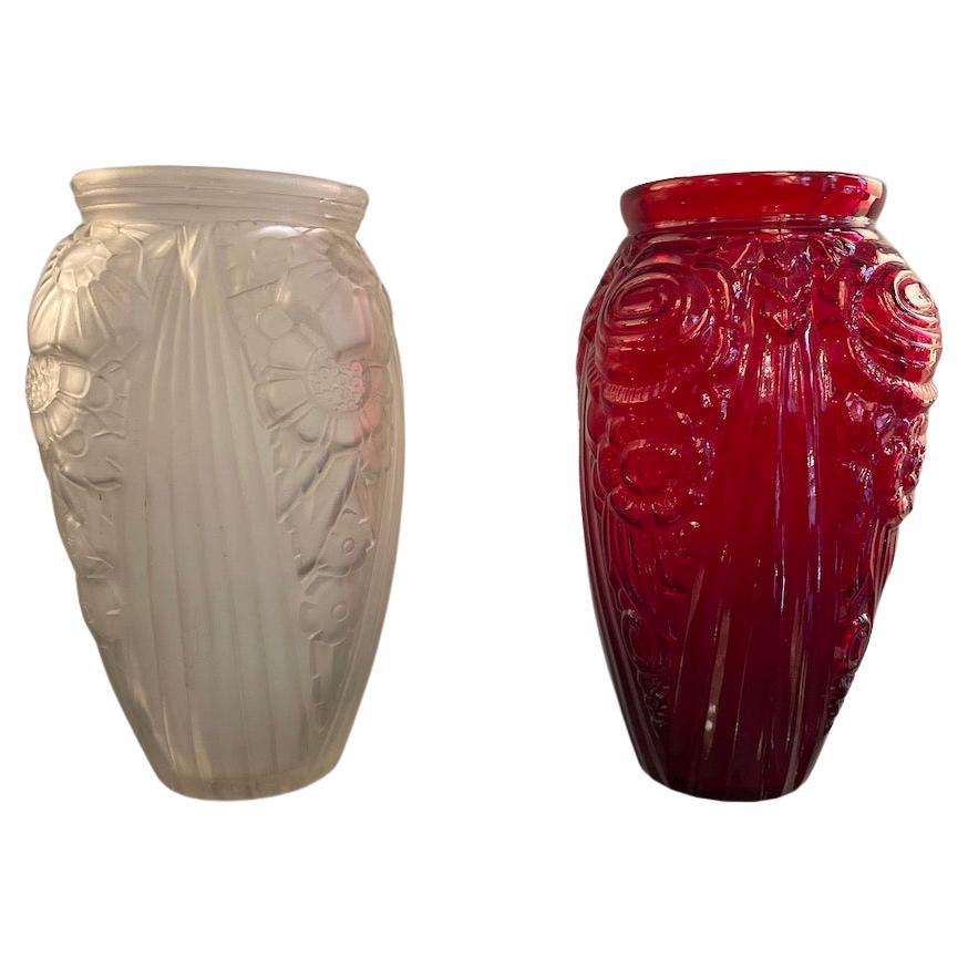 1940s Art Deco Red and Opal White Art Glass Vases For Sale