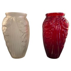 Vintage 1940s Art Deco Red and Opal White Art Glass Vases