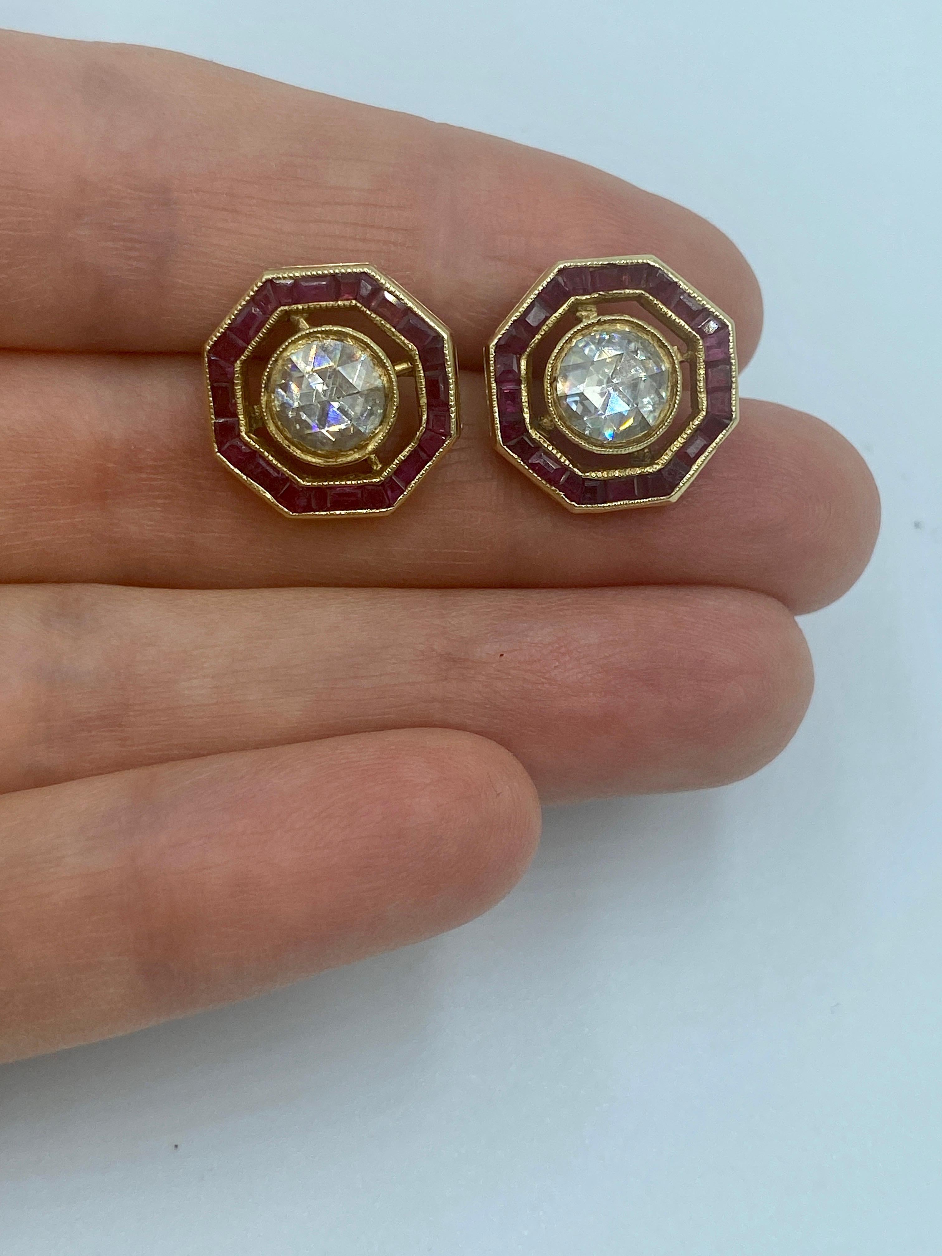 Women's or Men's 1940s Art Deco rose cut diamond and ruby earrings For Sale