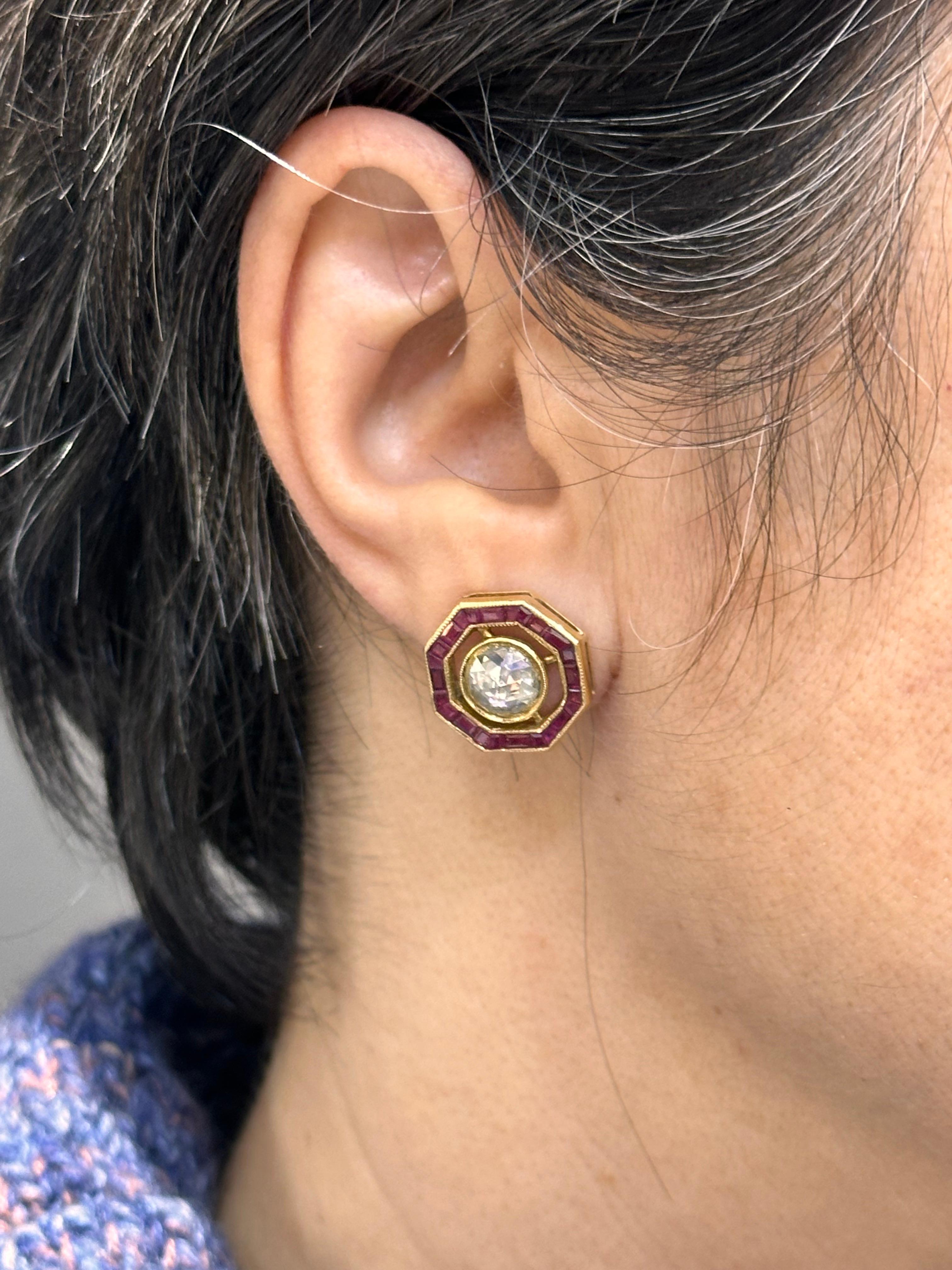 1940s Art Deco rose cut diamond and ruby earrings For Sale 1