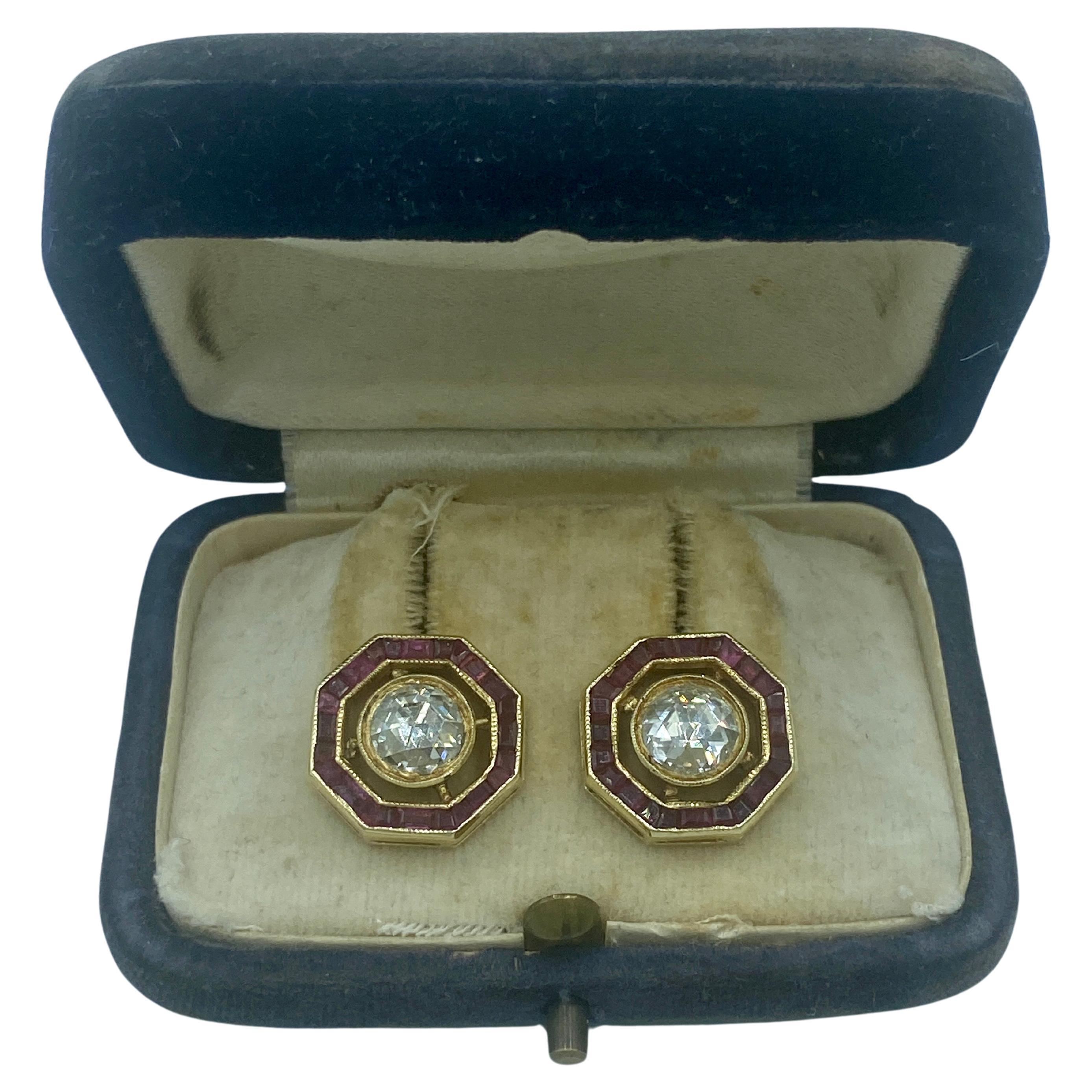 1940s Art Deco rose cut diamond and ruby earrings For Sale