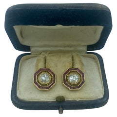 Boucles d'oreilles Art déco 1940 en diamant taillé en rose et rubis