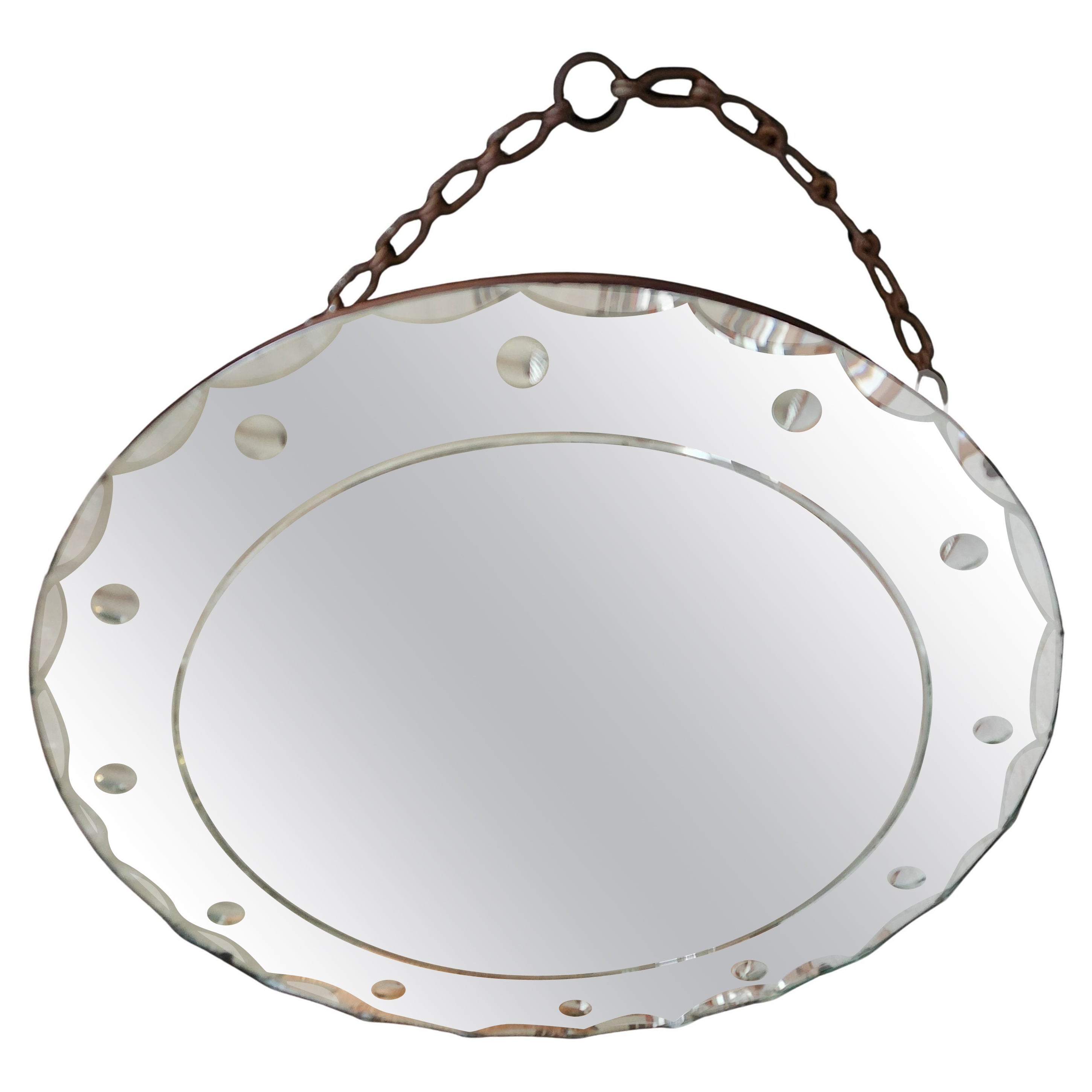 1940s Art Deco Round Wall Mirror Art Glass