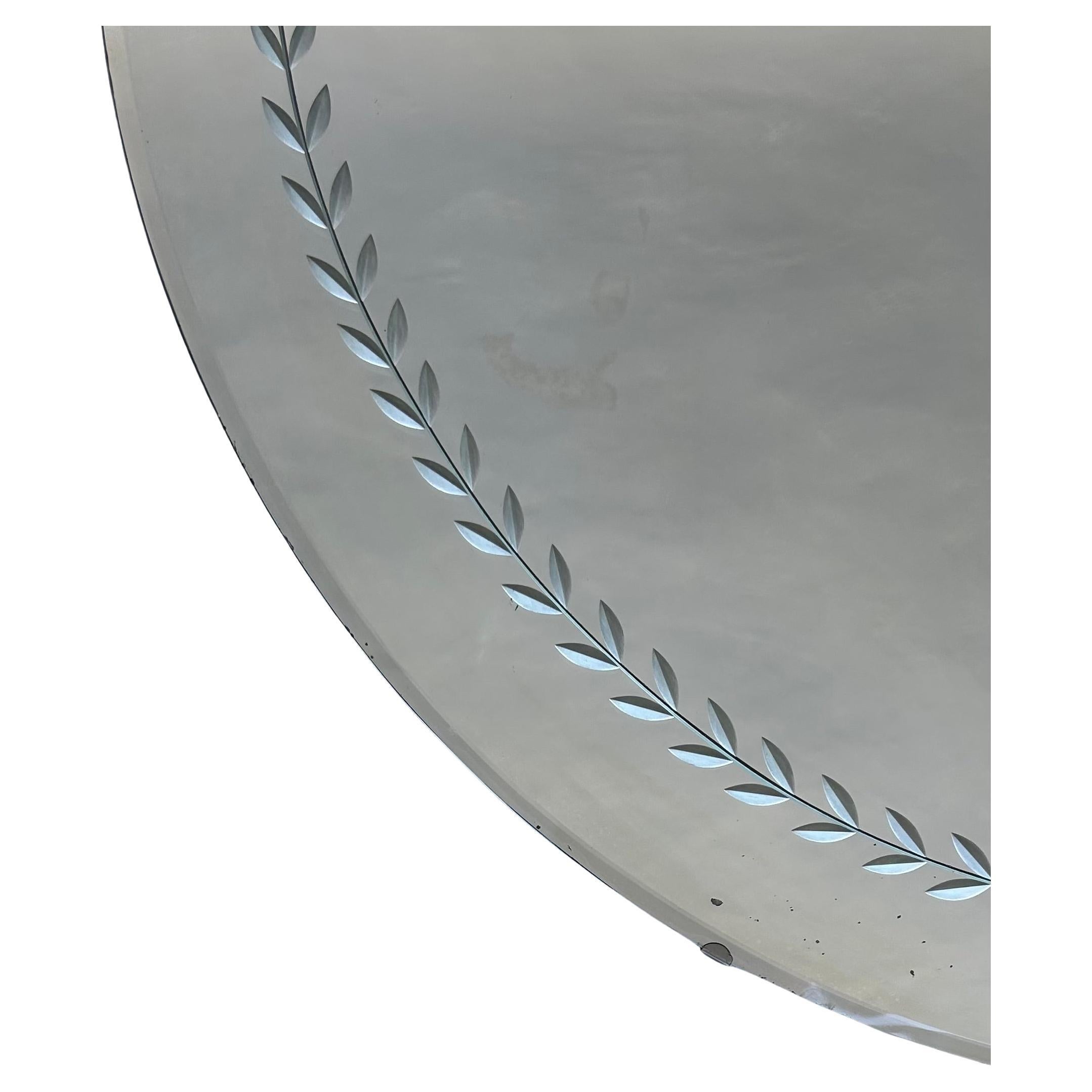 American 1940s Art Deco Round Wheel Cut Mirror, Backed with Board For Sale