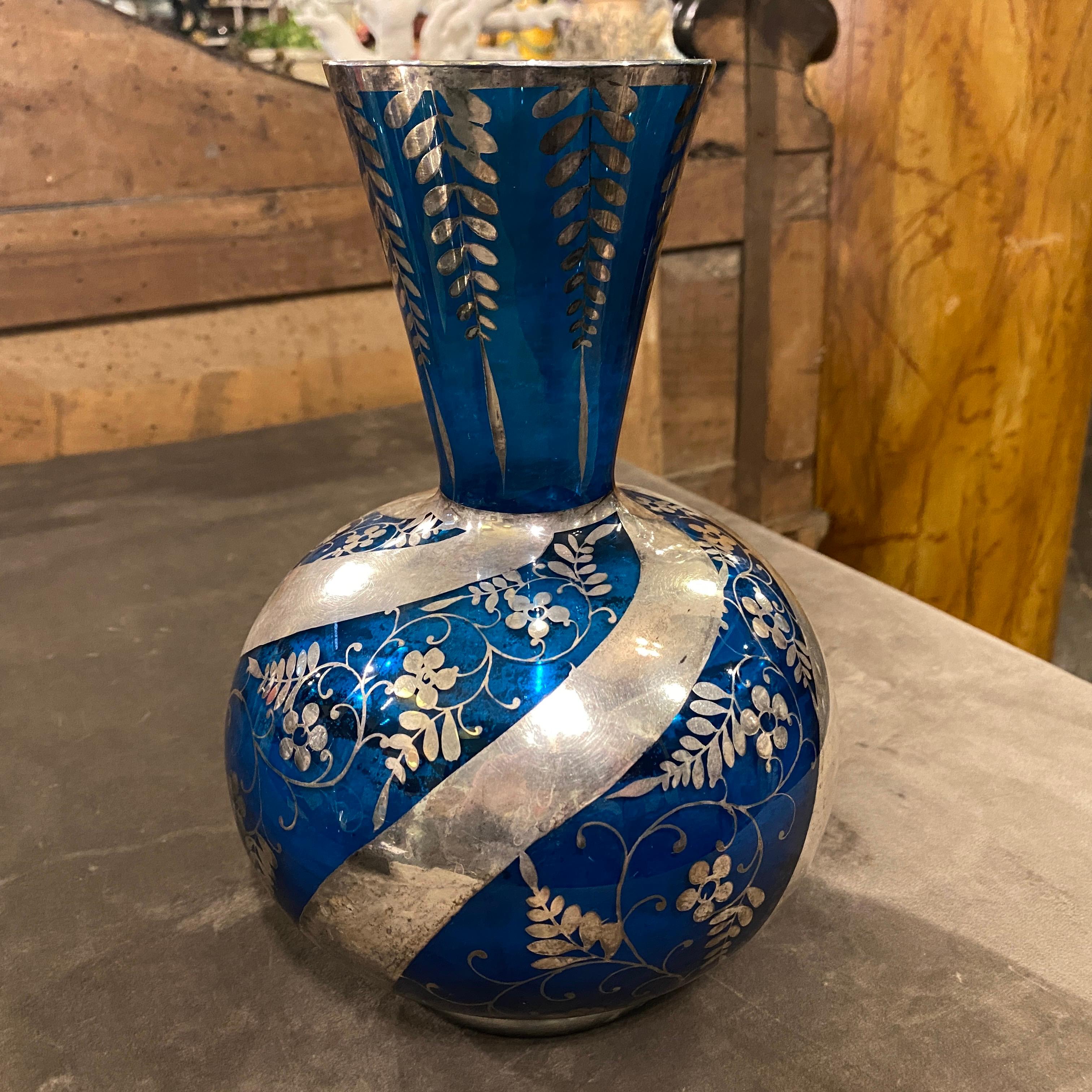 1940er Jahre Art Deco Silber und blaues Glas Italienische Vase 7