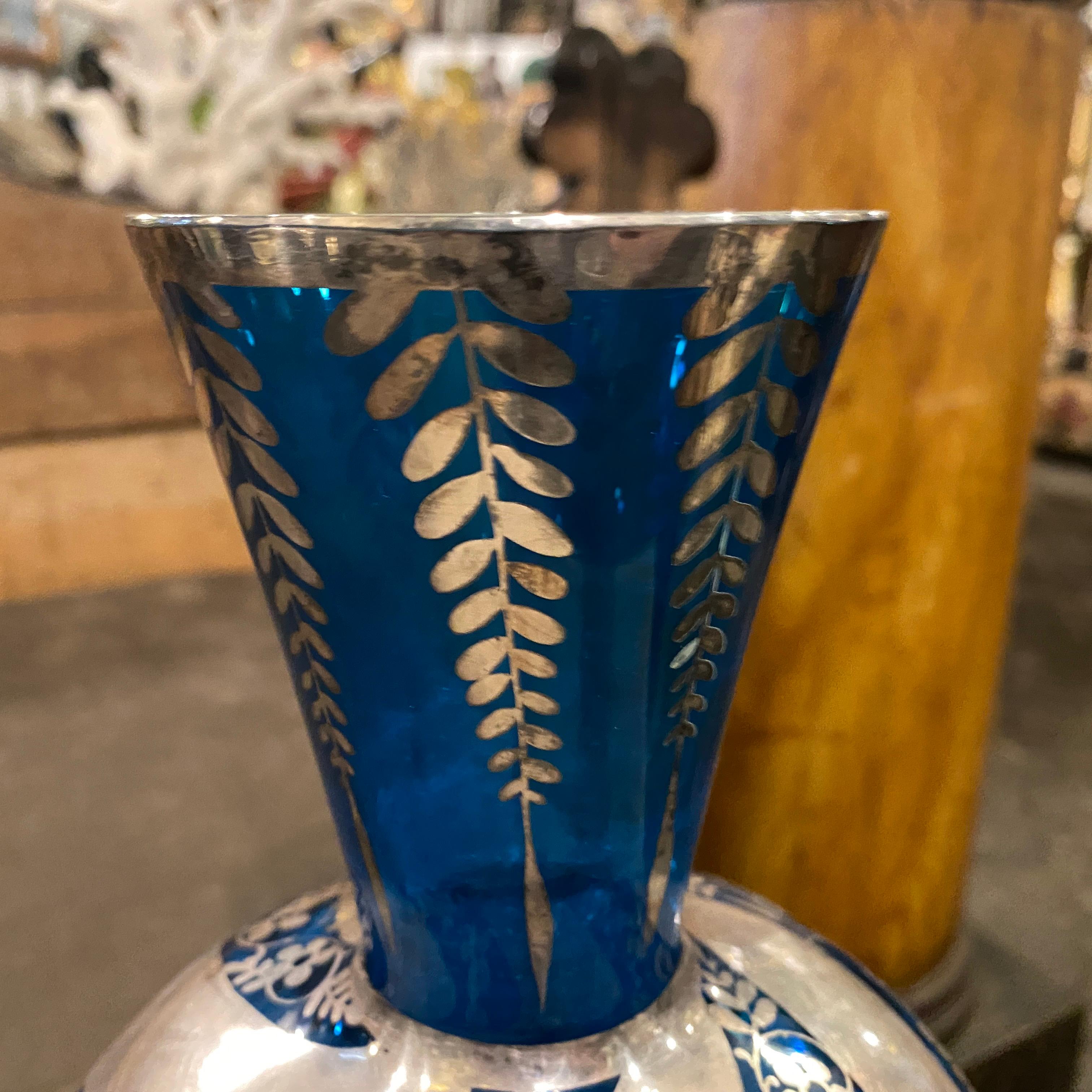 Hand-Crafted 1940s Art Deco Silver and Blue Glass Italian Vase For Sale