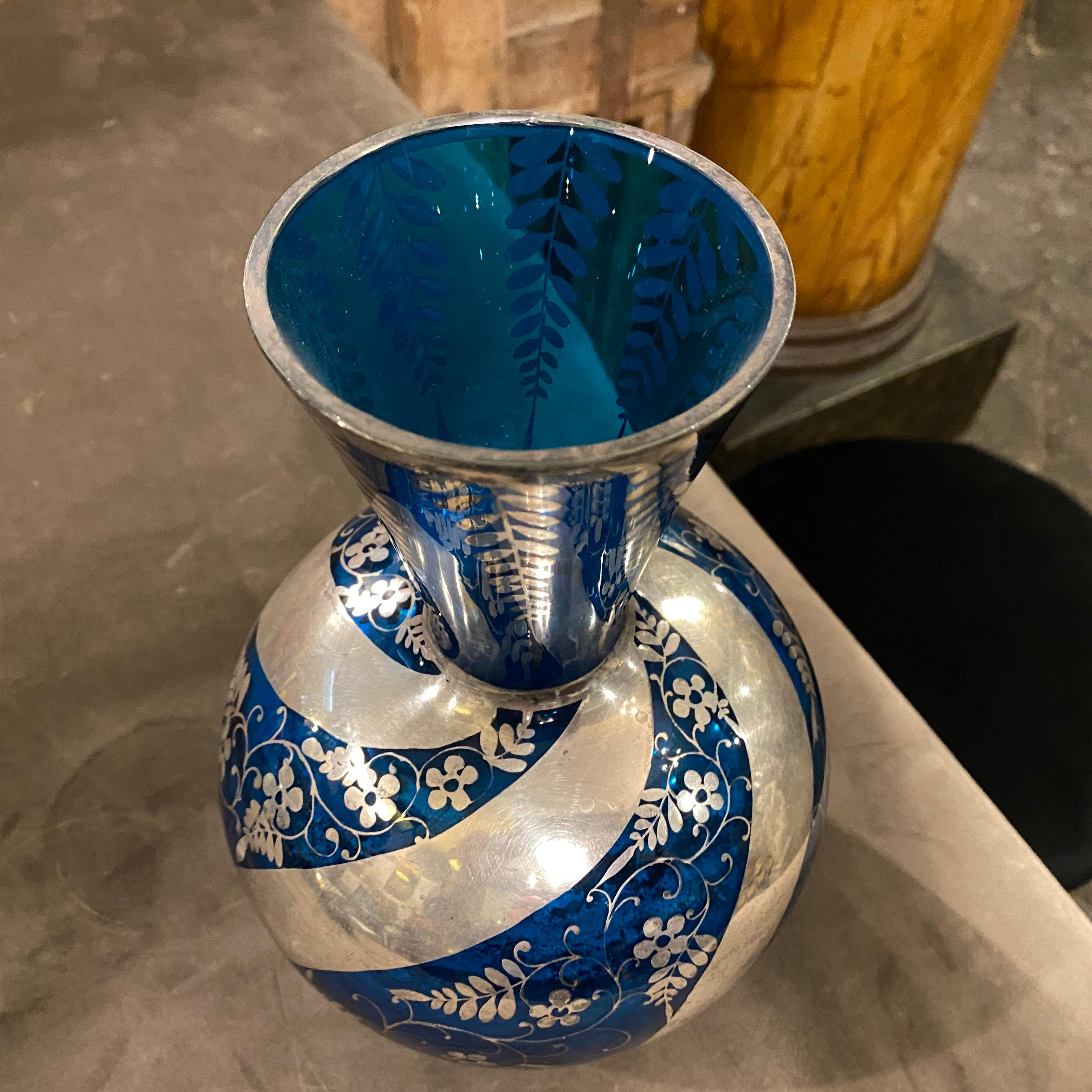 1940s Art Deco Silver and Blue Glass Italian Vase In Good Condition In Aci Castello, IT