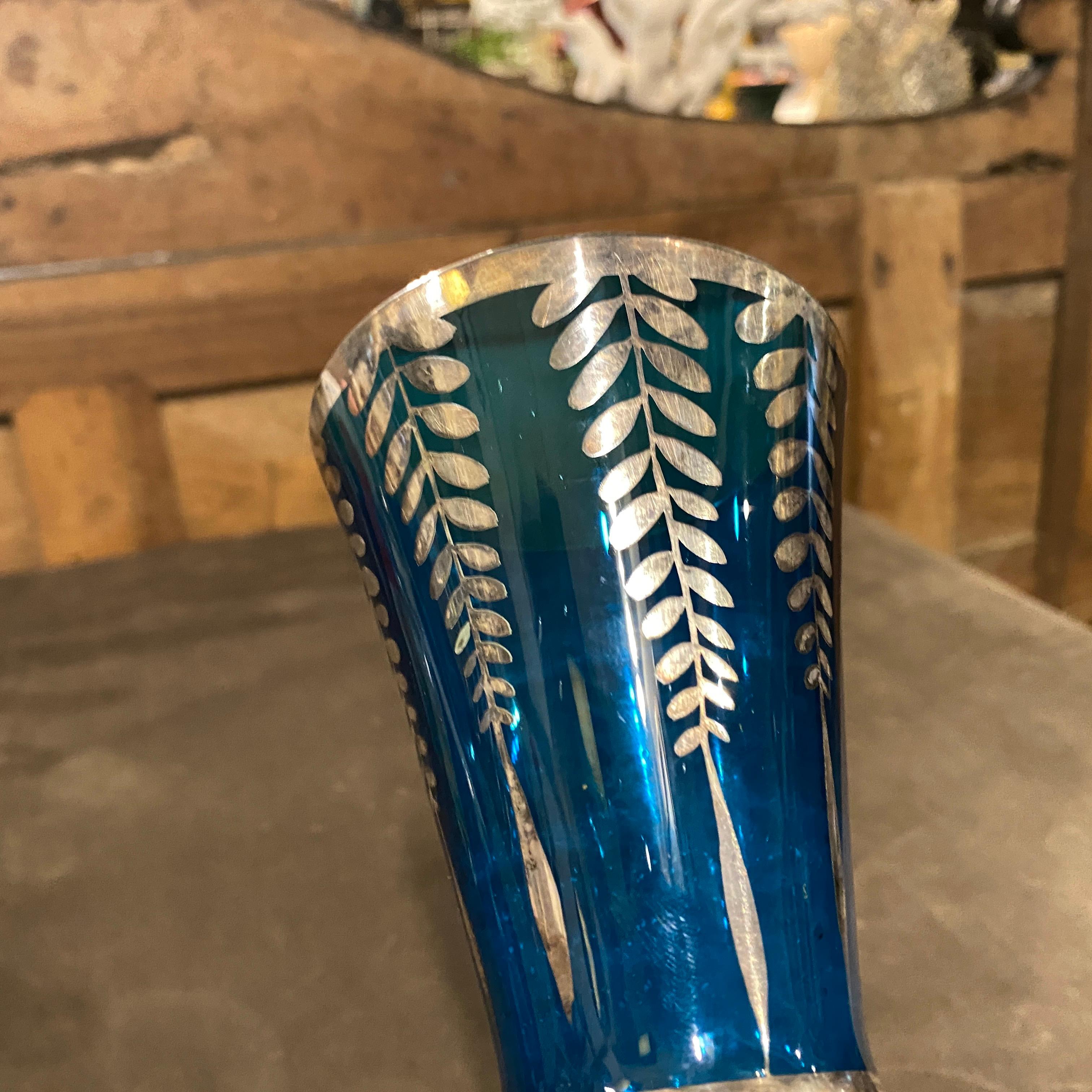 1940s Art Deco Silver and Blue Glass Italian Vase For Sale 3