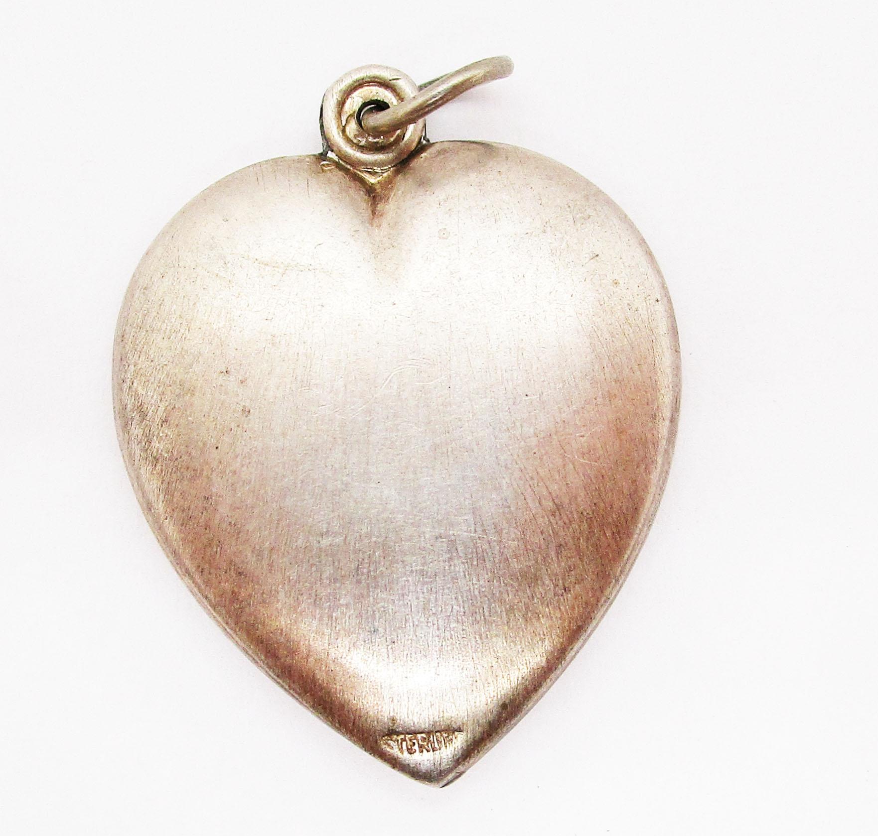 1940s Art Deco Sterling Silver Puff Heart Charm Pendant 1