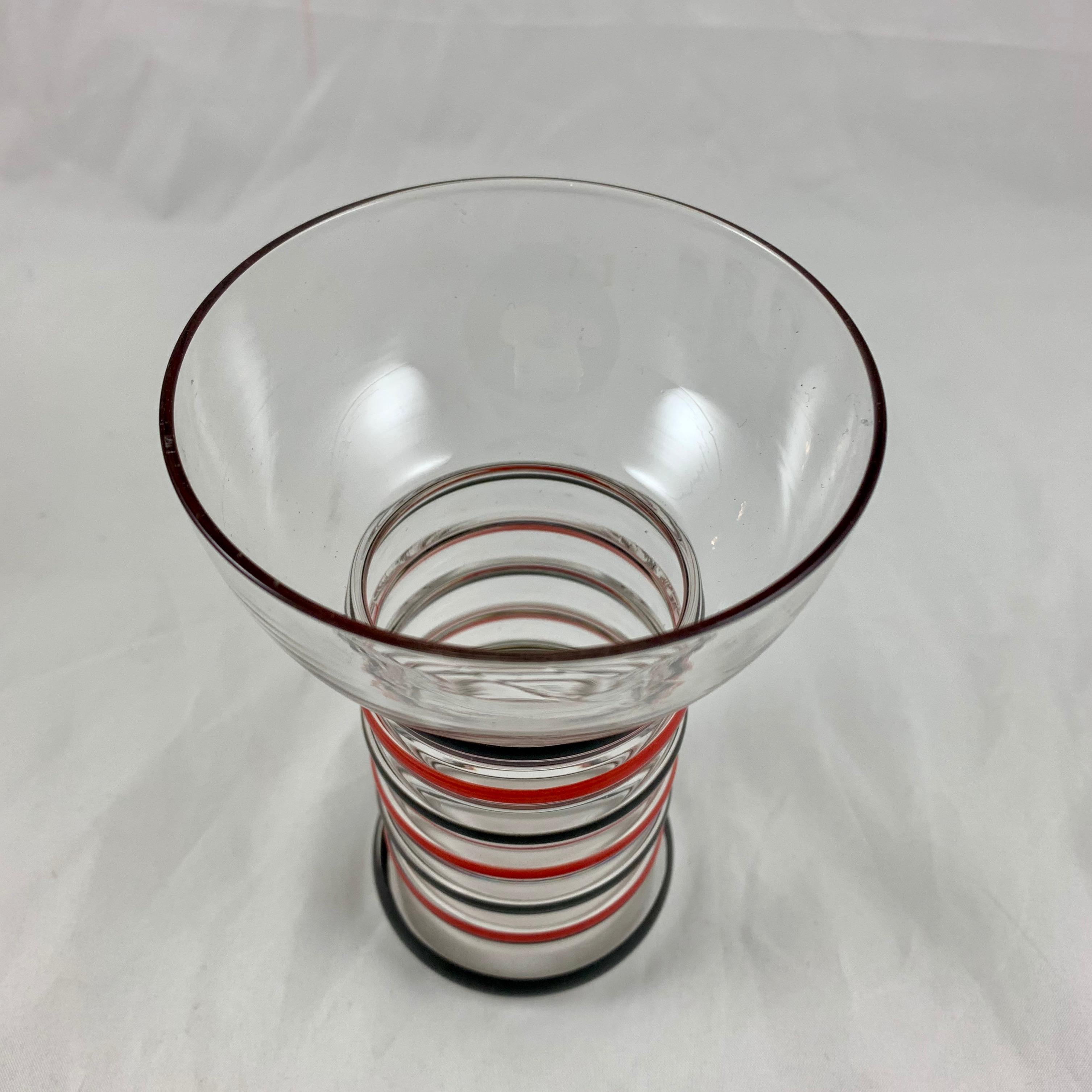 American 1940s Art Deco Style Dunbar Aramis Black & Red Striped Highball Glasses Set of 8