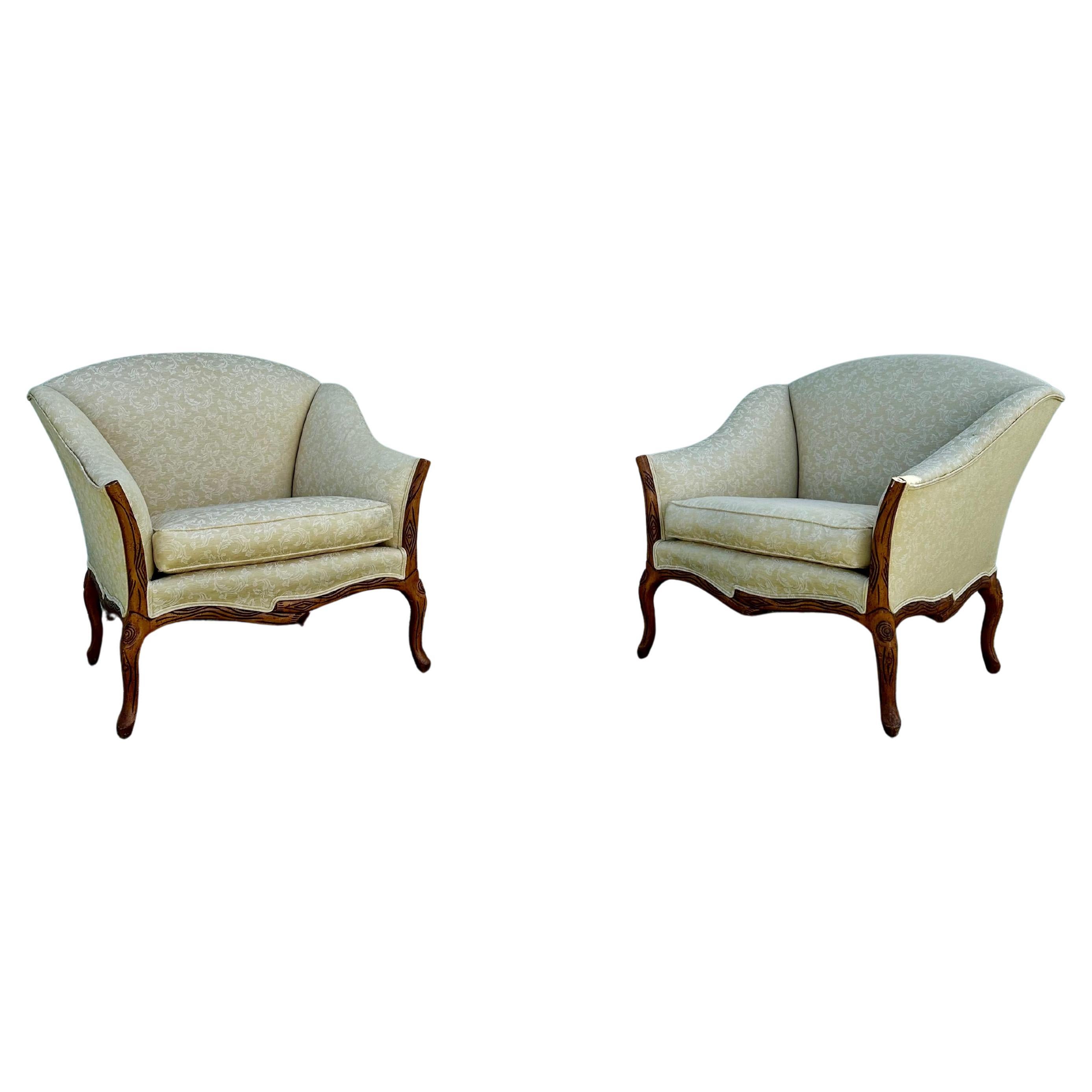 1940s Art Deco Style Sculptural Gilt Wood Upholstered Club Chairs, Set of 2