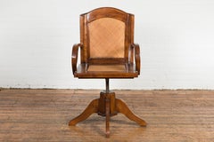 1940s Art Deco Style Swivel Desk Chair with Woven Rattan and Loop Arms