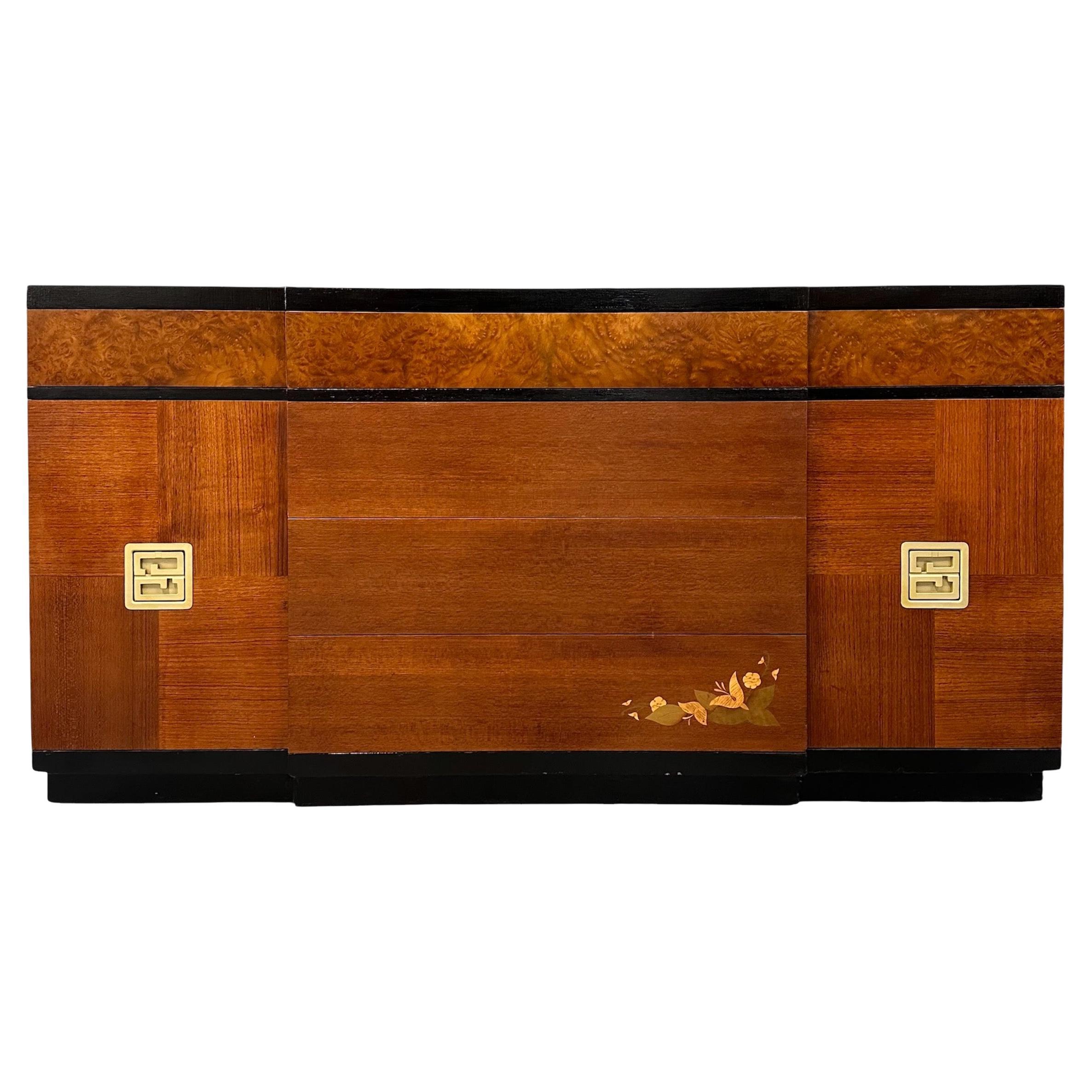 Serveur Vanleigh Art Déco des années 1940 avec fleurs incrustées et accents de broussin