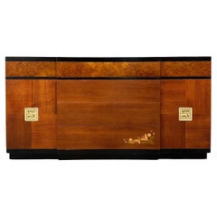 1940s Art Deco Vanleigh Walnut Server with Inlaid Flowers and Burl Accents