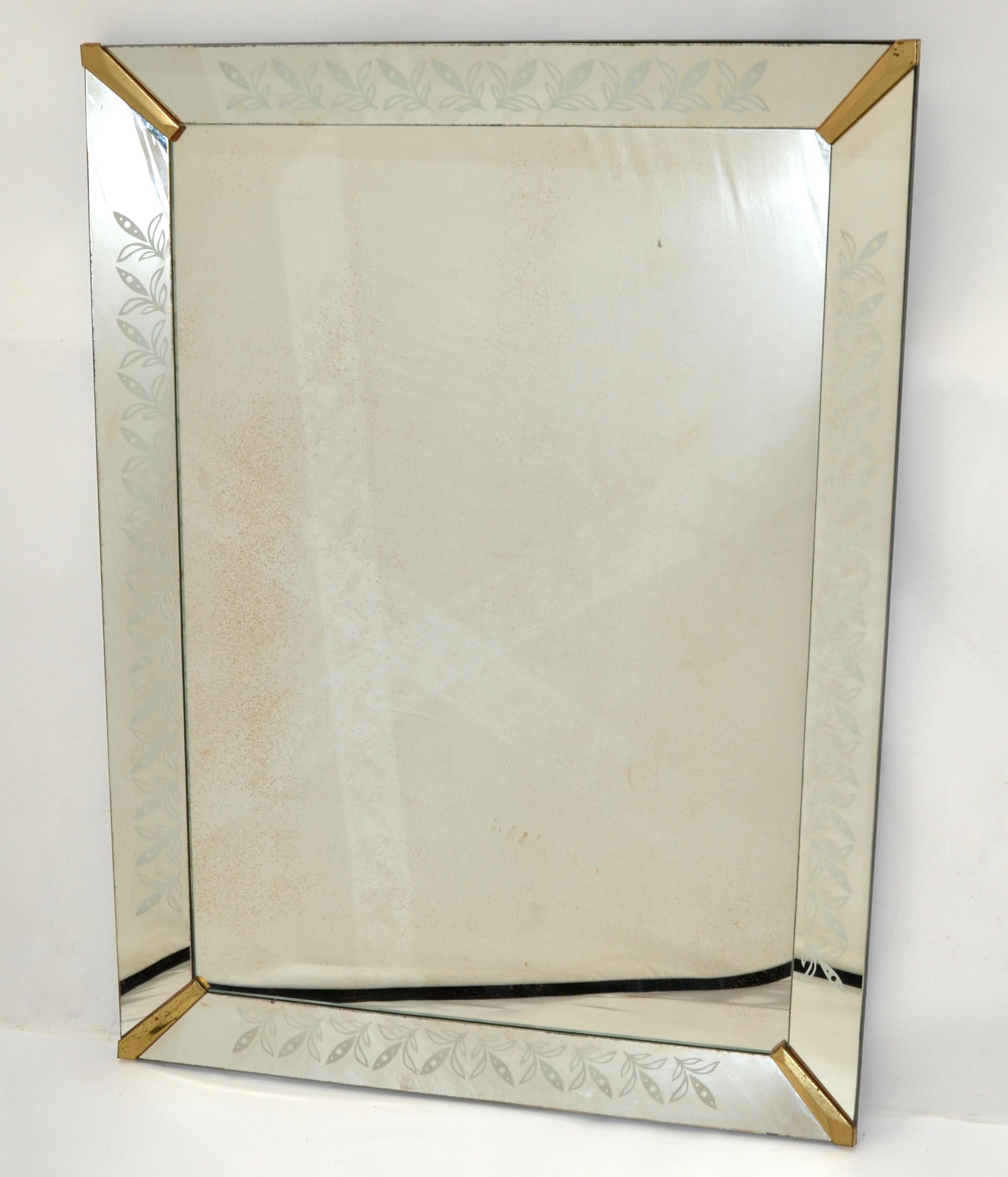 1940s Art Deco Venetian Style Etched Wall Mirror with Brass Finished Corners 11