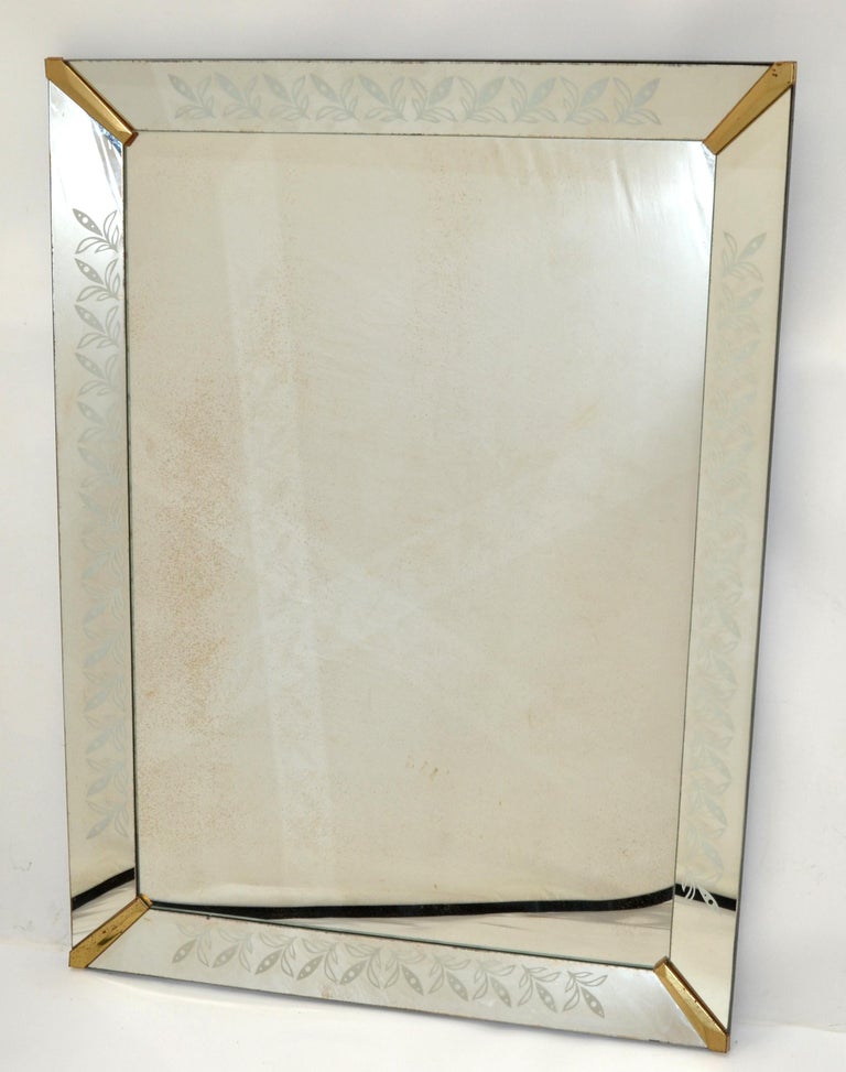 1940s Art Deco Style Etched Wall Mirror with Brass Finished