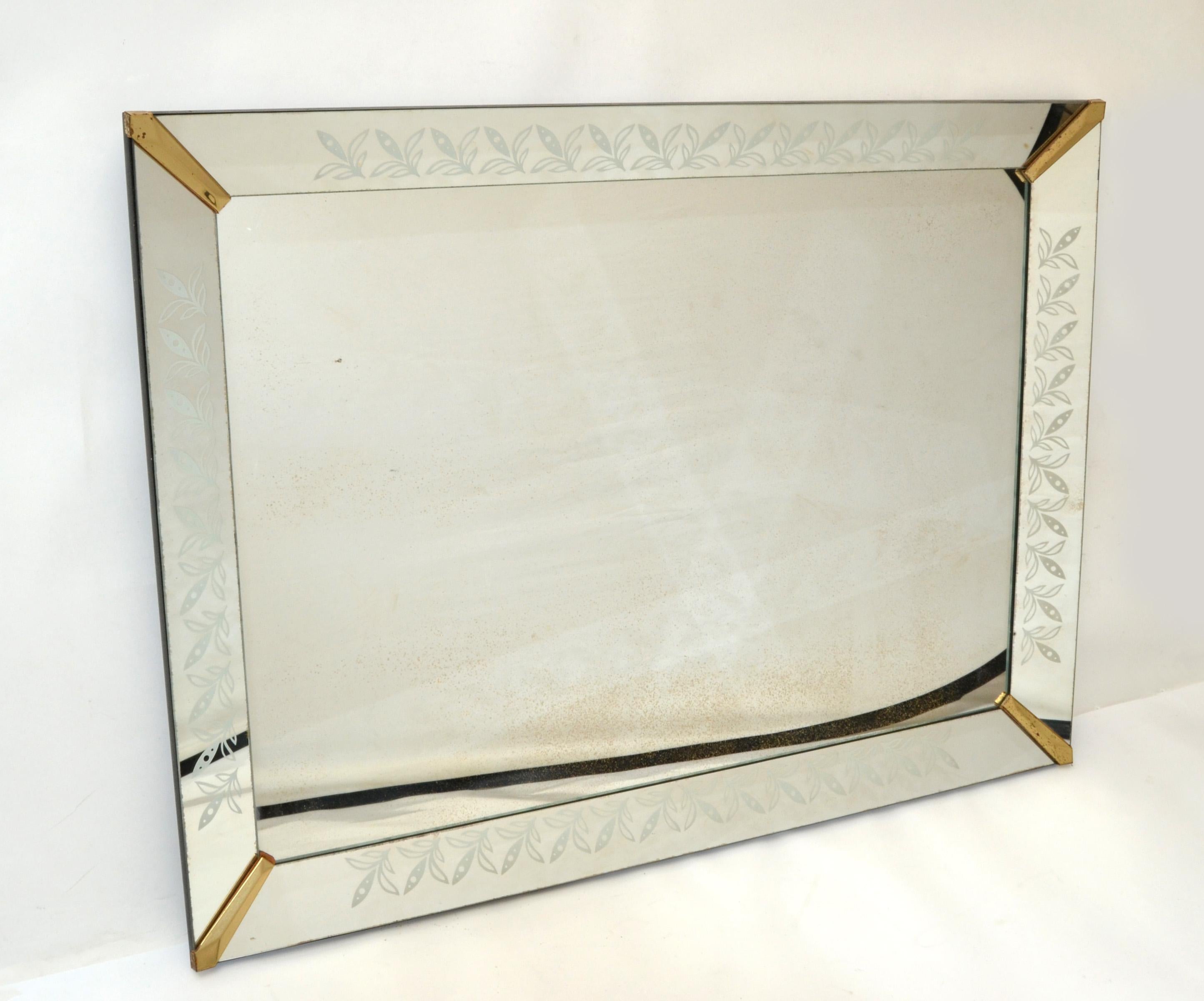 20th Century 1940s Art Deco Venetian Style Etched Wall Mirror with Brass Finished Corners